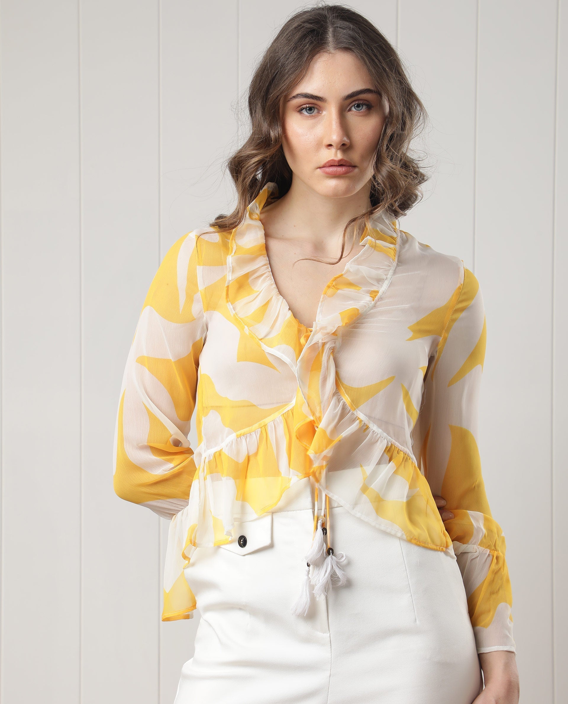 Rareism Women Simone White Polyester Fabric Full Sleeves Tie-Up Closure V-Neck Bell Sleeve Regular Fit Floral Print Shrug