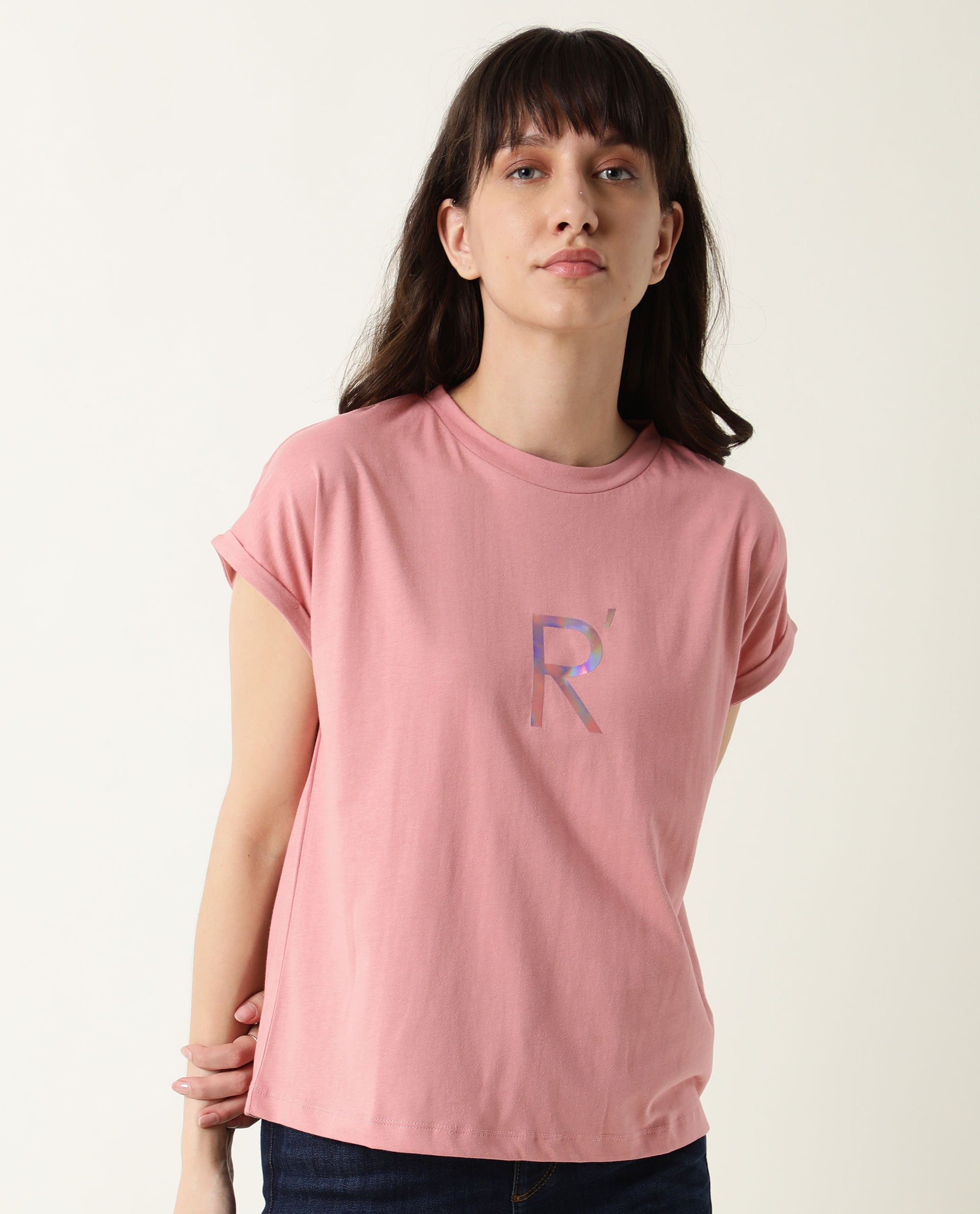 Rareism Women Rad Pink Cotton Fabric Regular Fit Half Sleeves Graphic Print Crew Neck T-Shirt