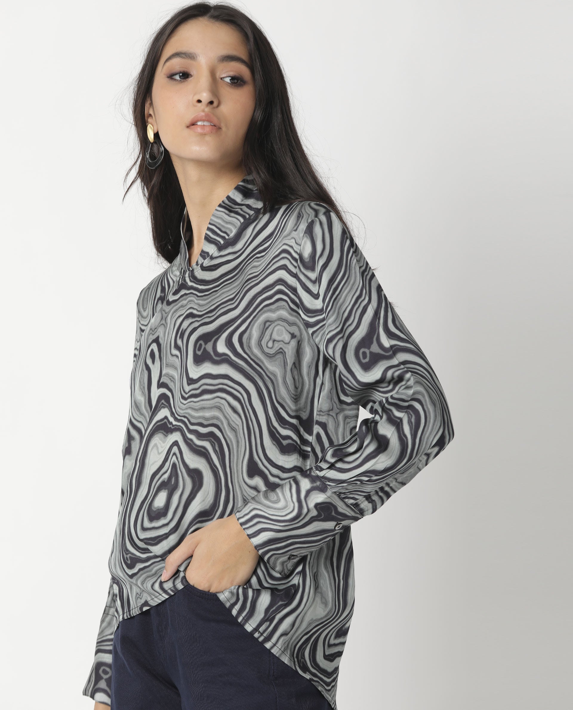 Rareism Womens Camp Black Top Modal Satin Fabric Regular Fit Cuffed Sleeve Mandarin Neck