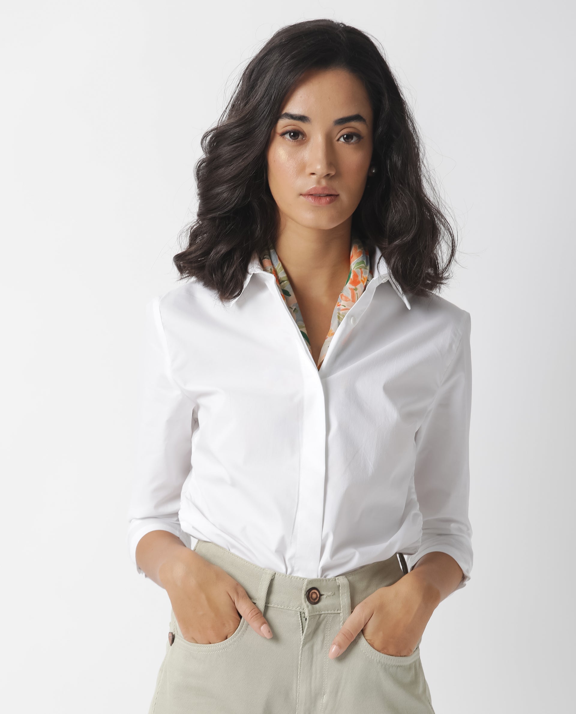 Rareism Women Cuddle White Cotton Lycra Fabric Regular Fit Shirt Collar 3/4Th Sleeves Solid Top