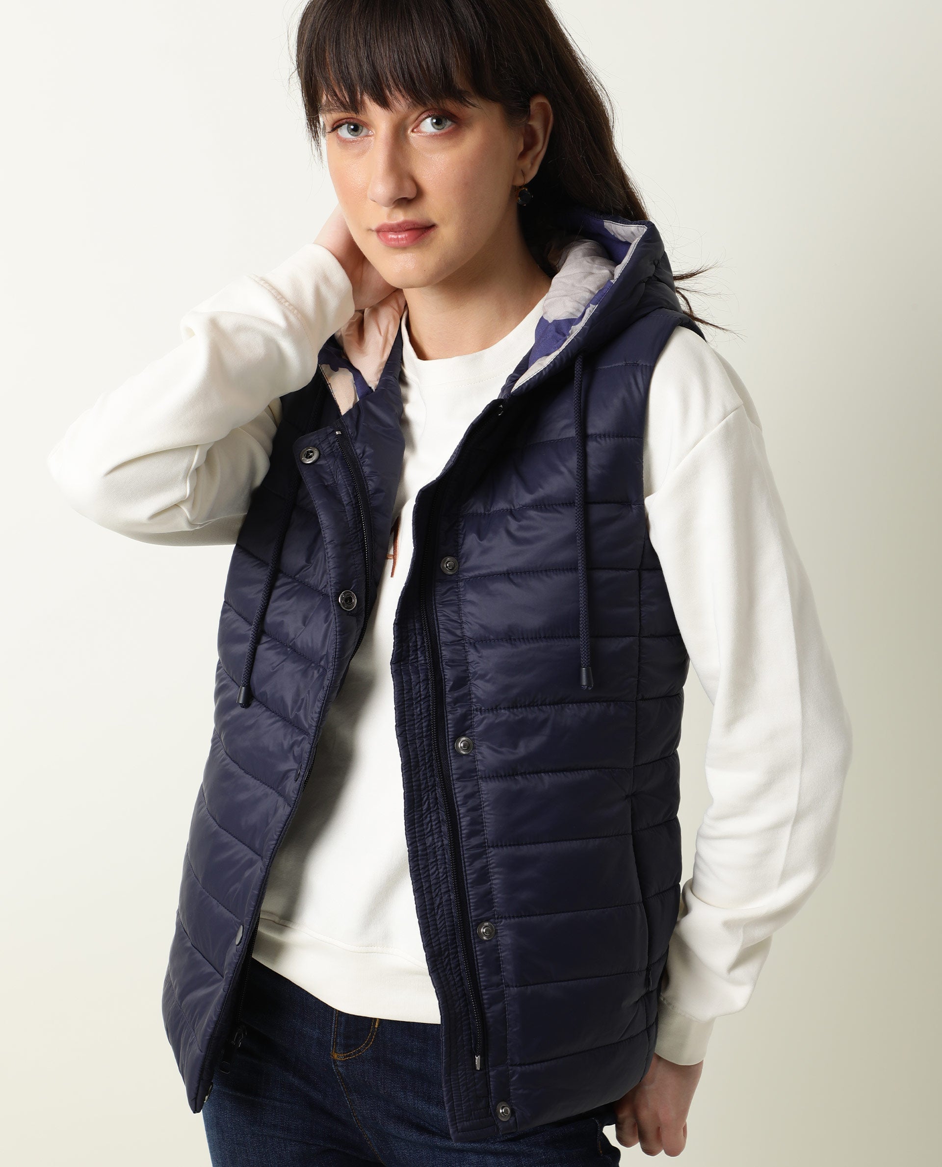 Rareism Women Troop Dark Navy Sleeveless Solid Hooded Jacket