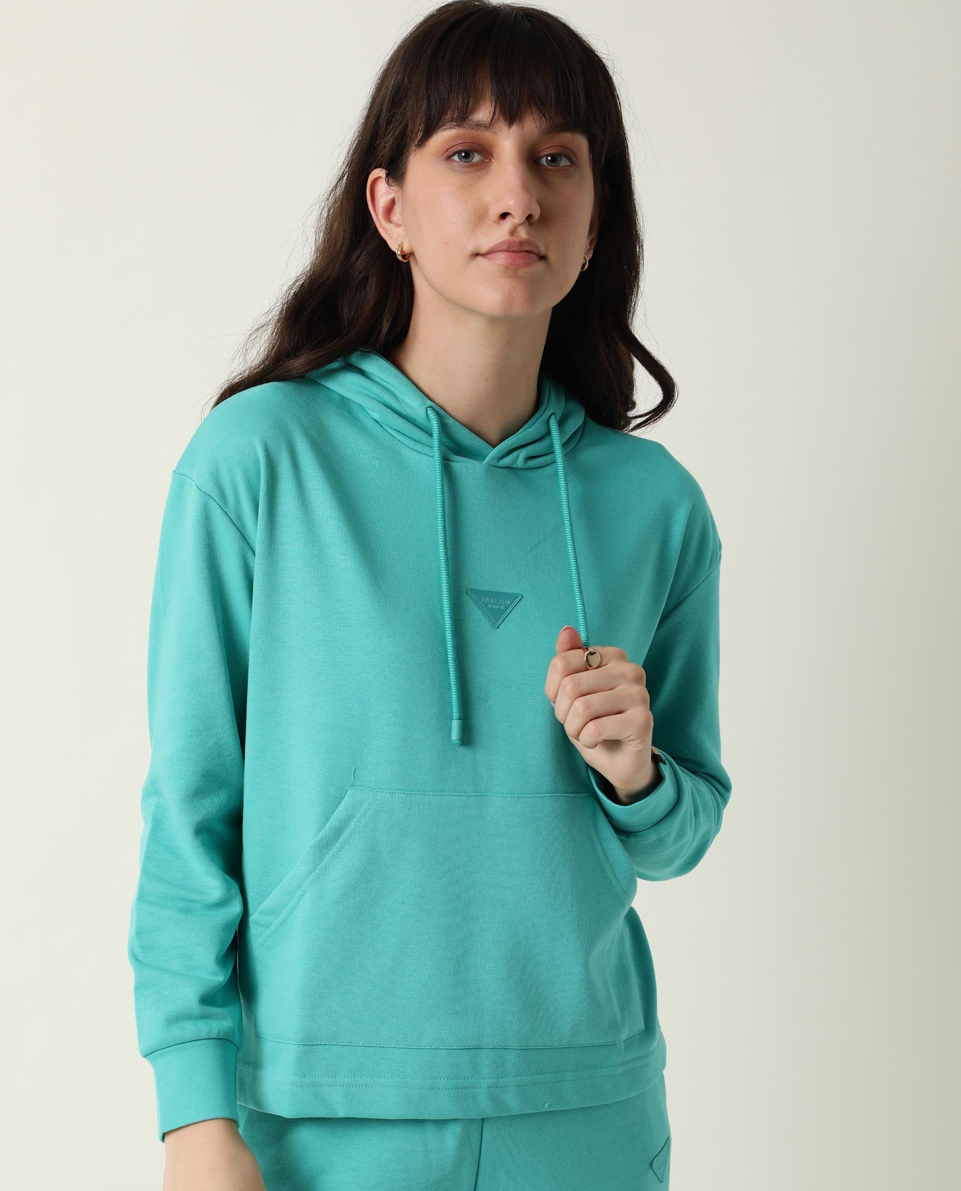 Rareism Women's Wally-1 Turq Cotton Blend Hooded Plain Relaxed Fit Sweatshirt