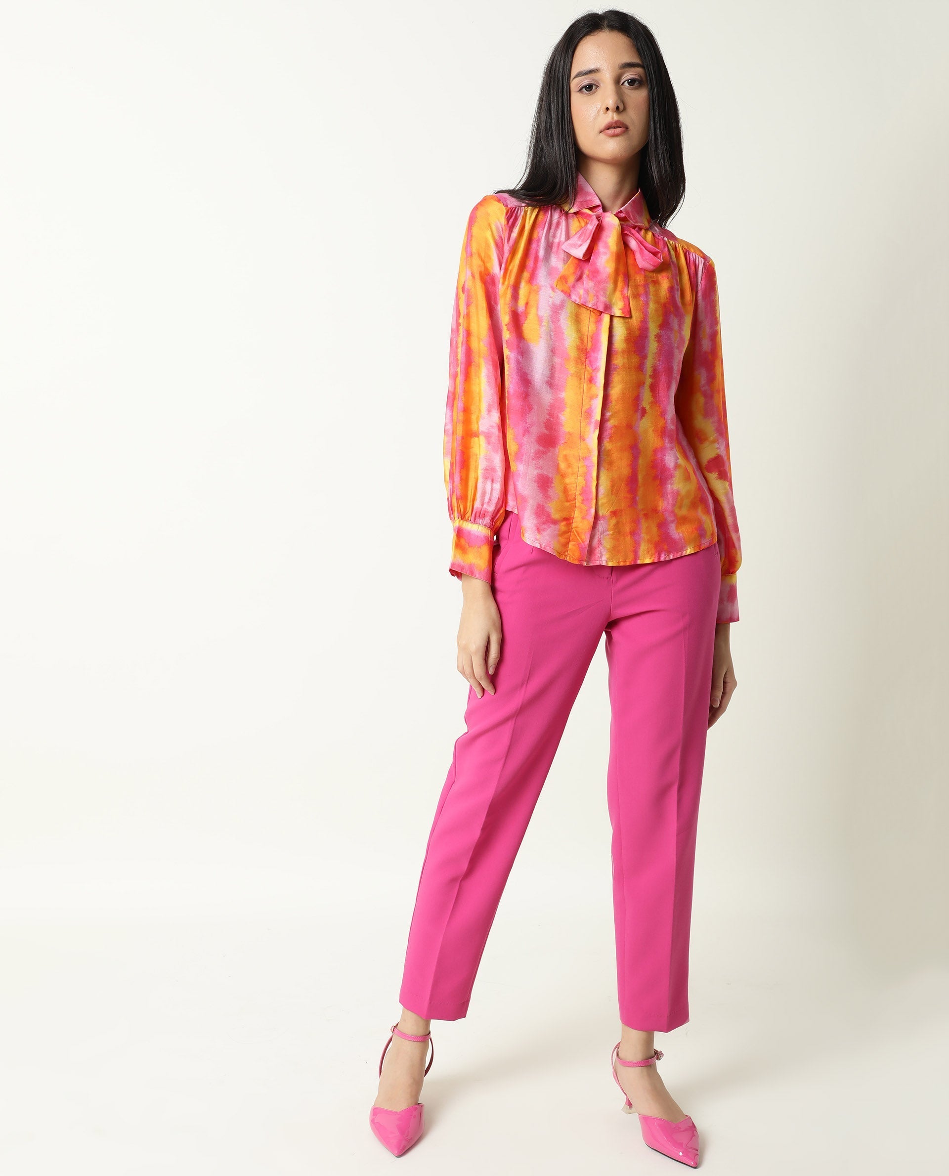 Rareism Women's Dense Pink Spread Collar Color Block Balloon Sleeve Knee Length Tailored Top