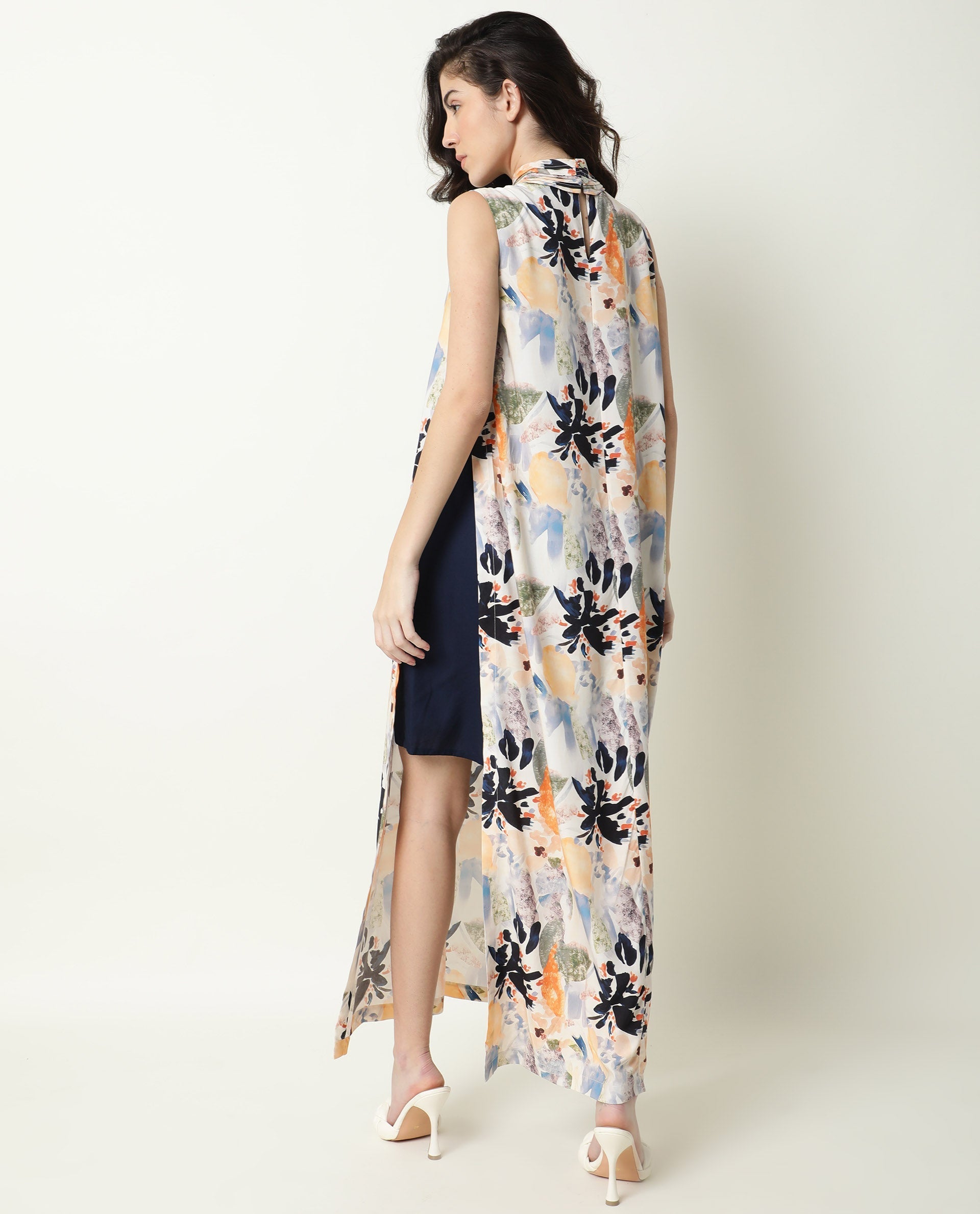Rareism Women's Isa Multi High Neck Floral Print Sleeveless Knee Length Regular Fit Dress