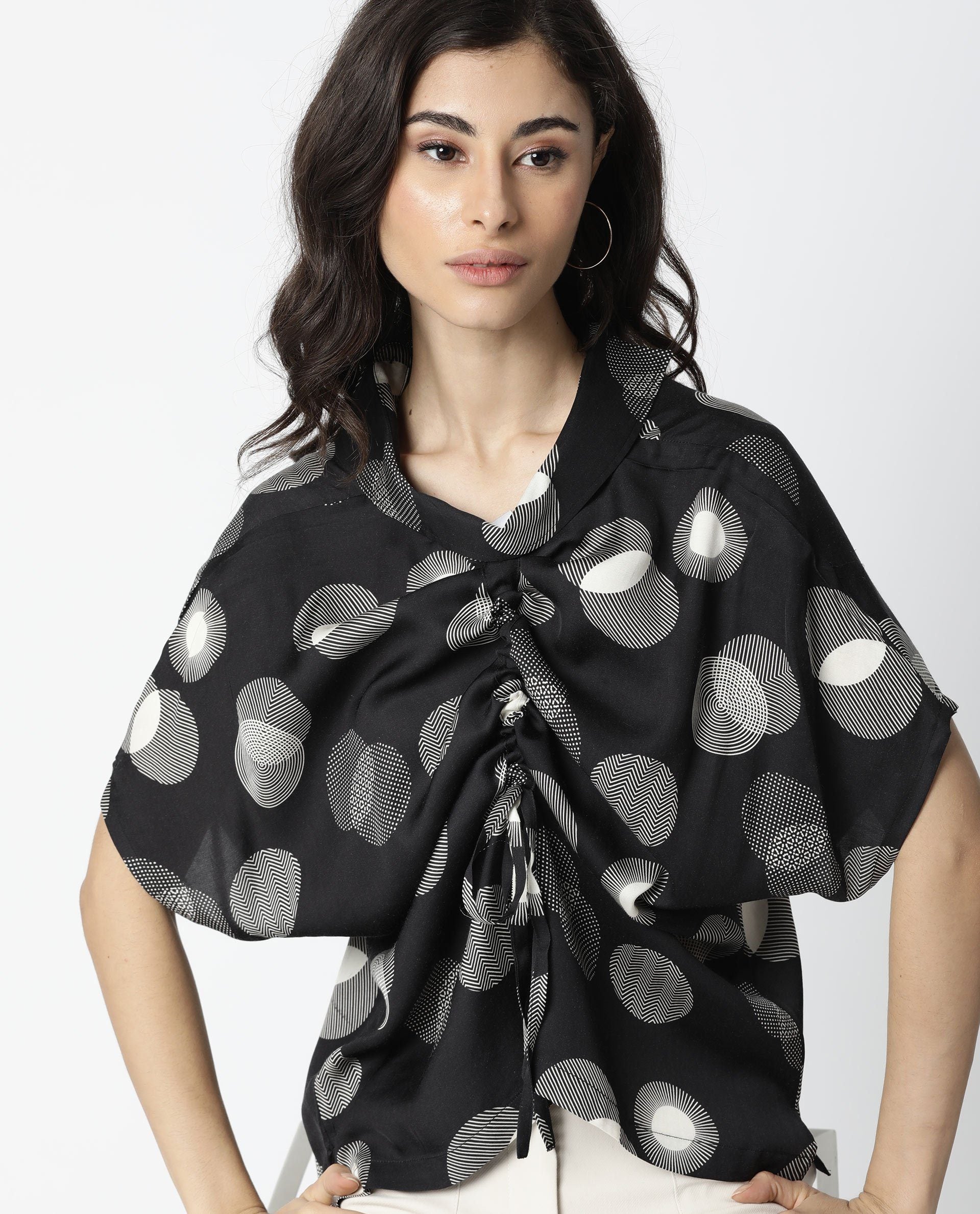 Rareism Women Emile Black Top Short Sleeves Printed