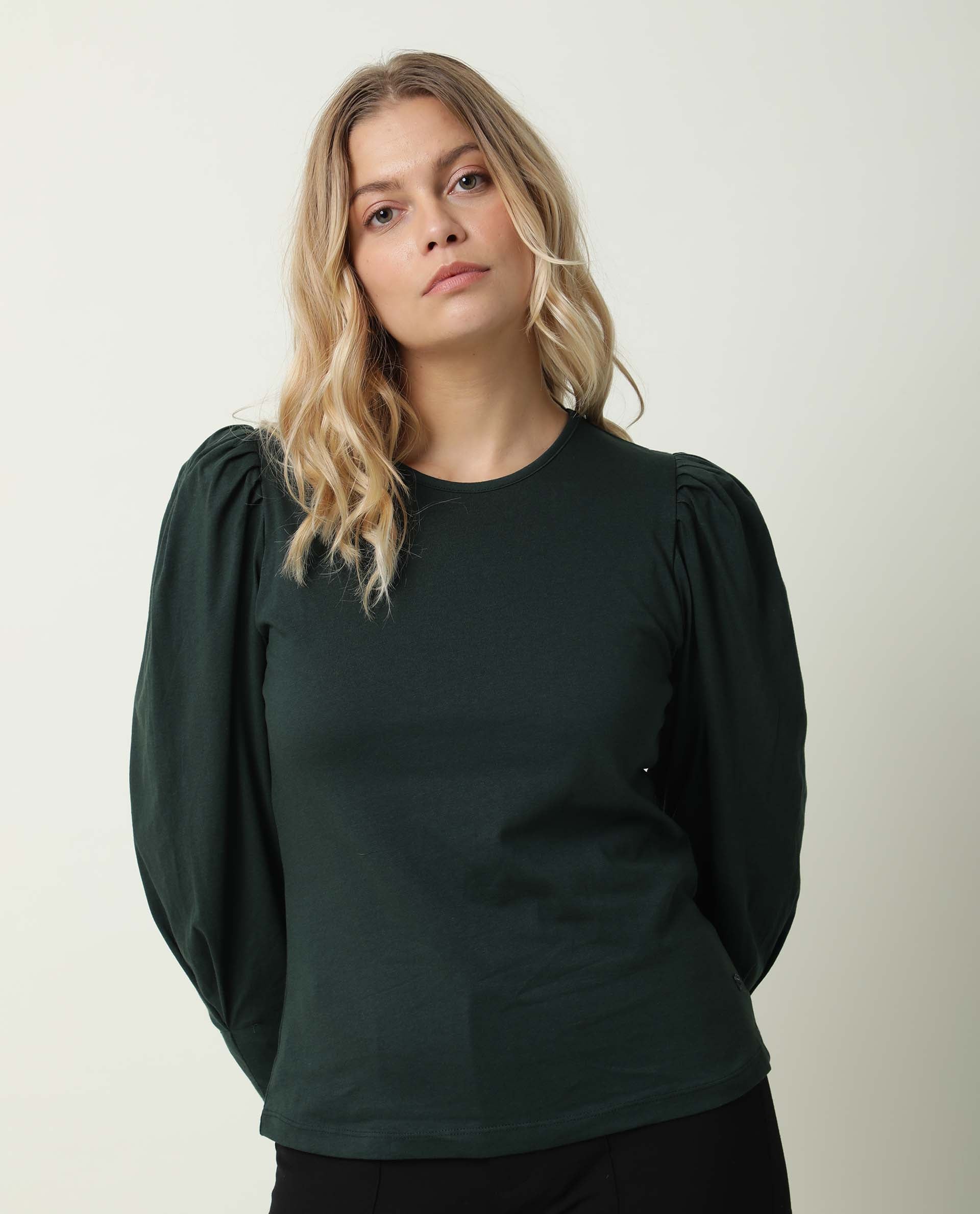 Rareism Women Ballerina Dark Green Cotton Fabric Regular Fit Knee Length Boat Neck 3/4Th Sleeves Solid Top