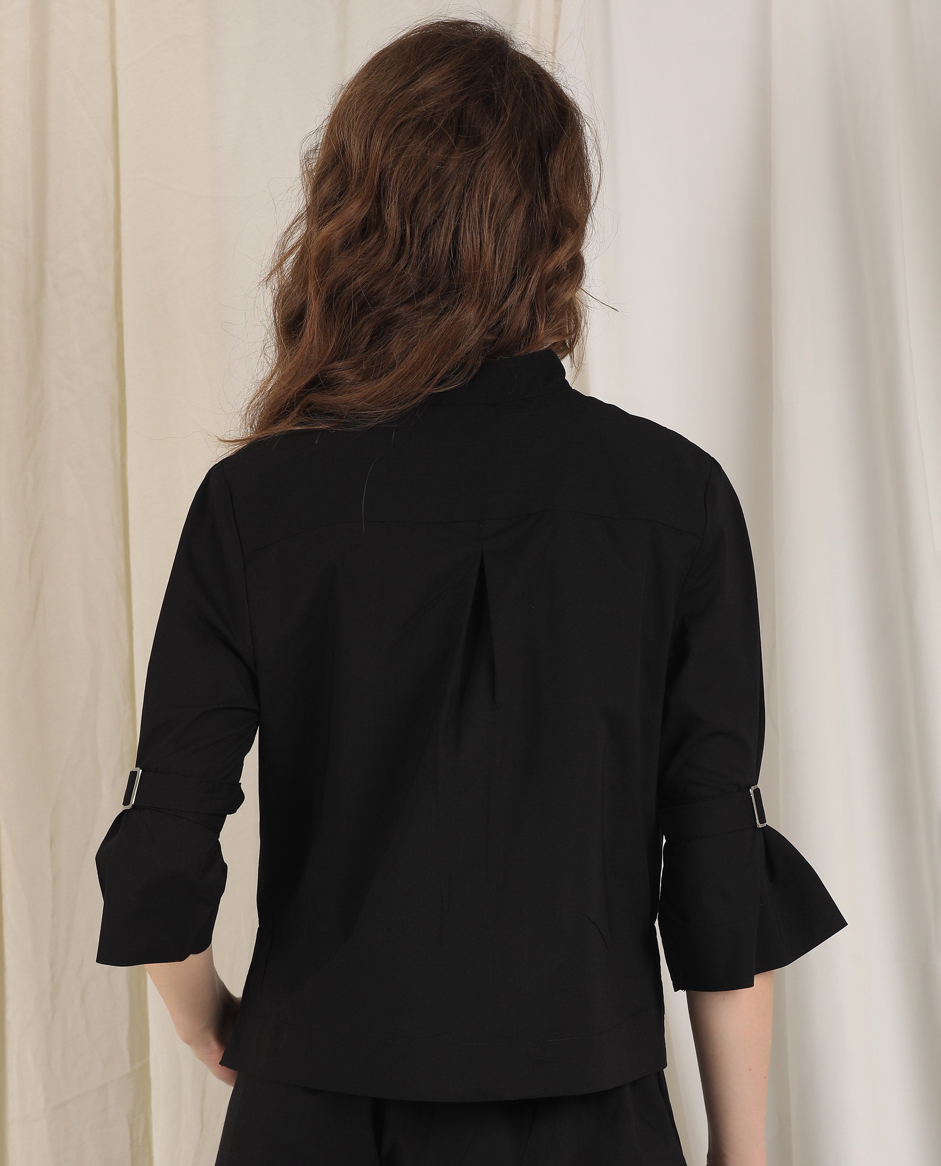 Rareism Womens Sendai Black Top Poly Lycra Fabric Regular Fit Half Sleeve Collared Neck