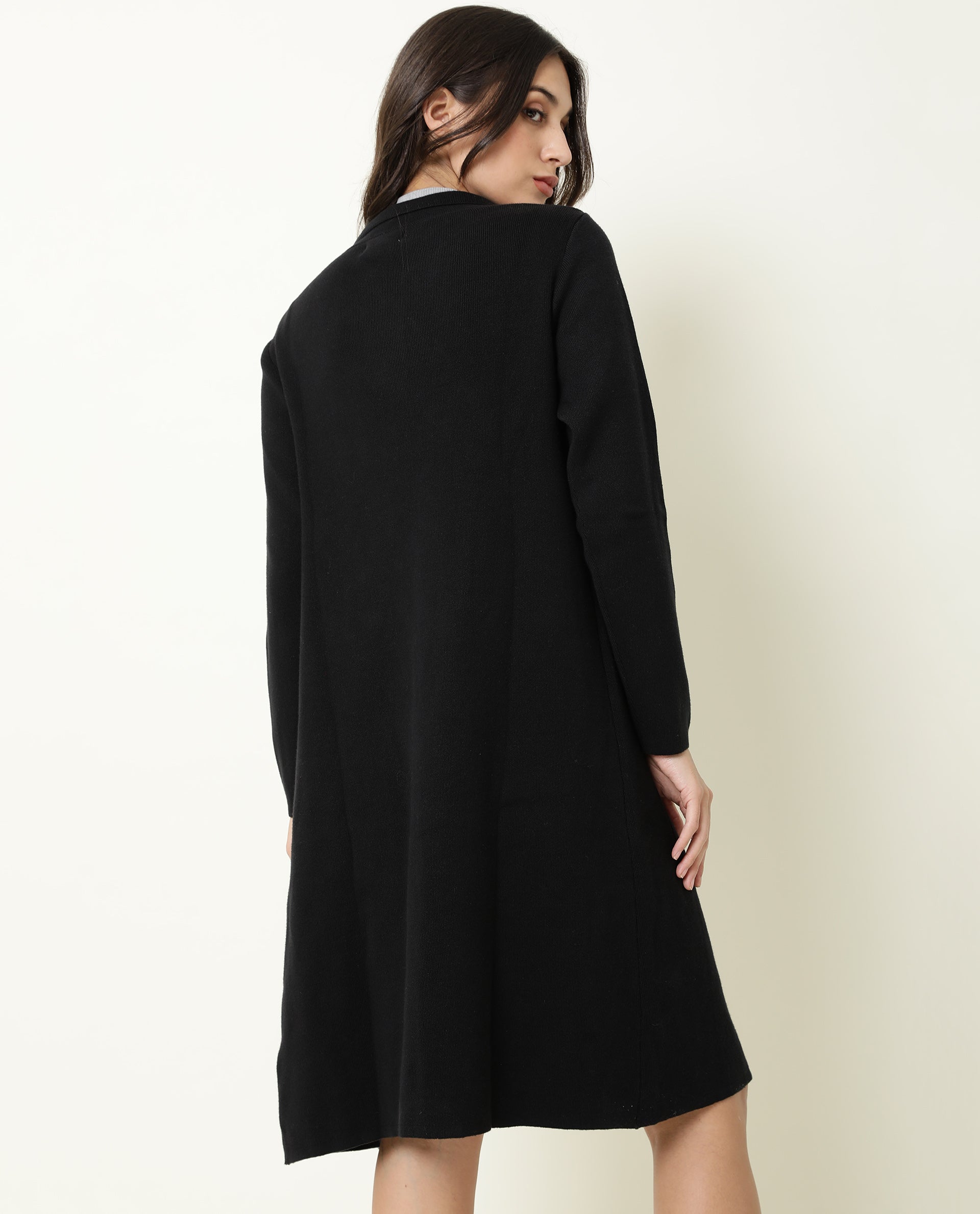 Rareism Women Trident Black Cotton Fabric Full Sleeves Knee Length Regular Fit Solid Lapel Neck Sweater