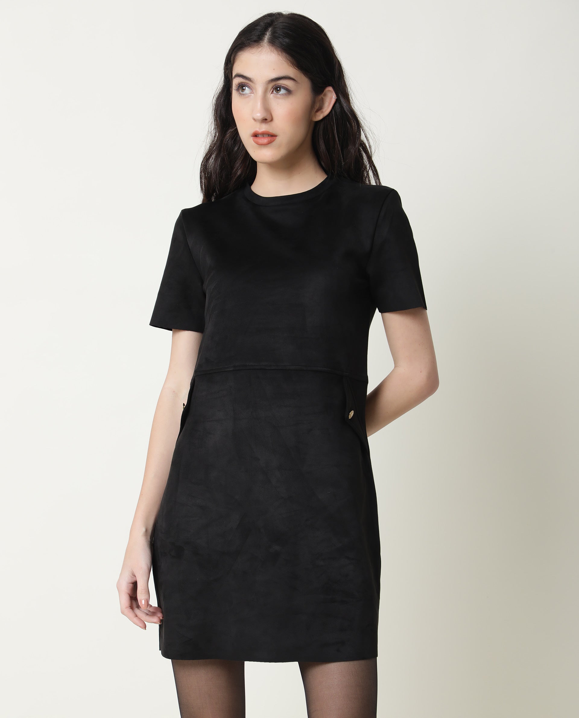 Rareism Women's Sions Black Crew Neck Plain Knee Length Tailored Dress