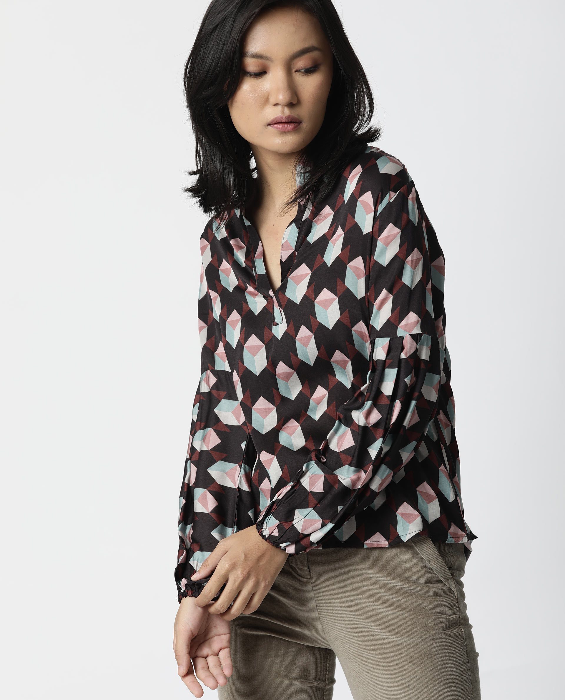 Rareism Women Bandit Brown Top Full Sleeves Printed