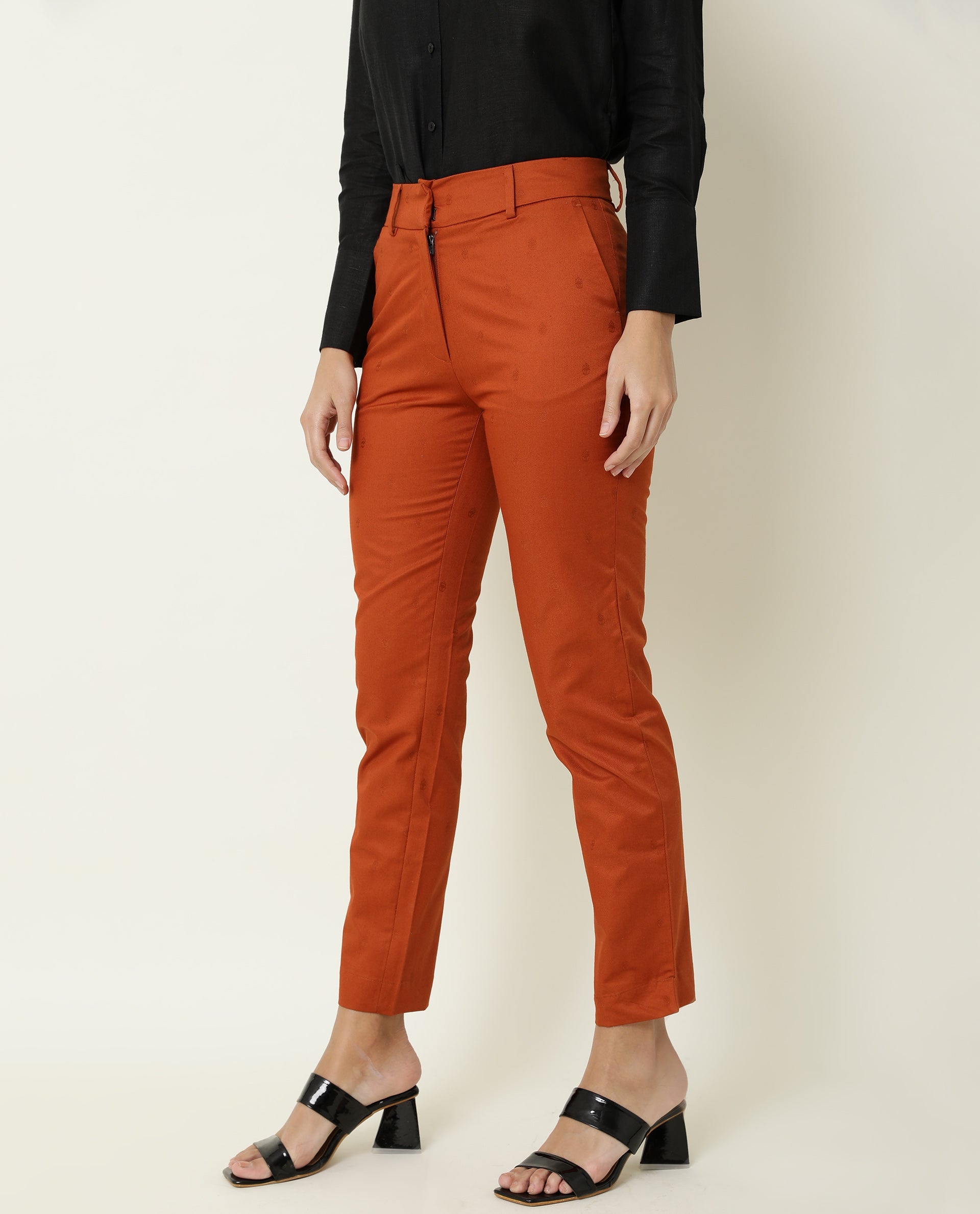 Rareism Women's Odyssey Brown Viscose Plain Ankle Length Tailored Trouser