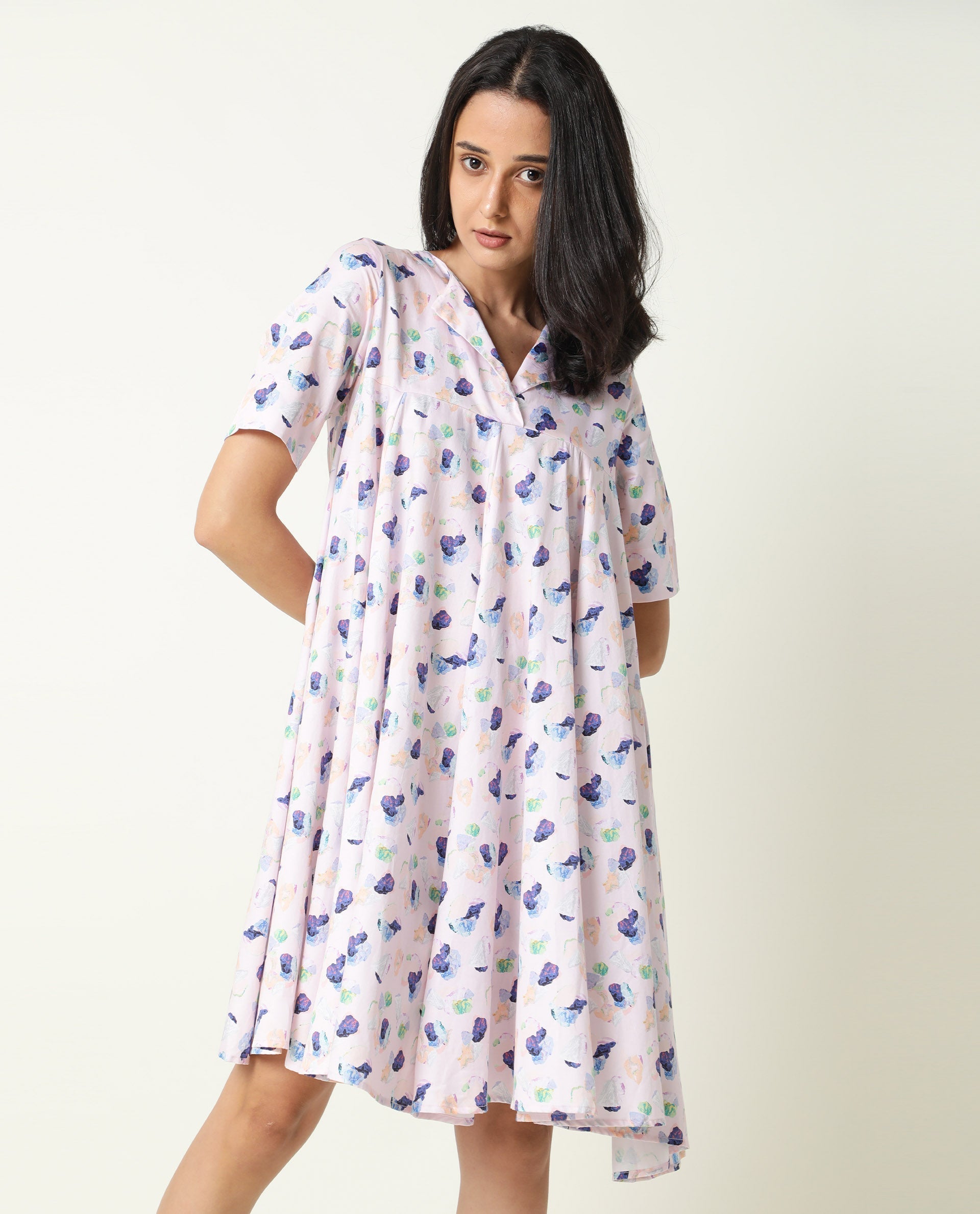 Rareism Women's Allia Pink Lapel Neck Floral Print Knee Length Regular Fit Dress