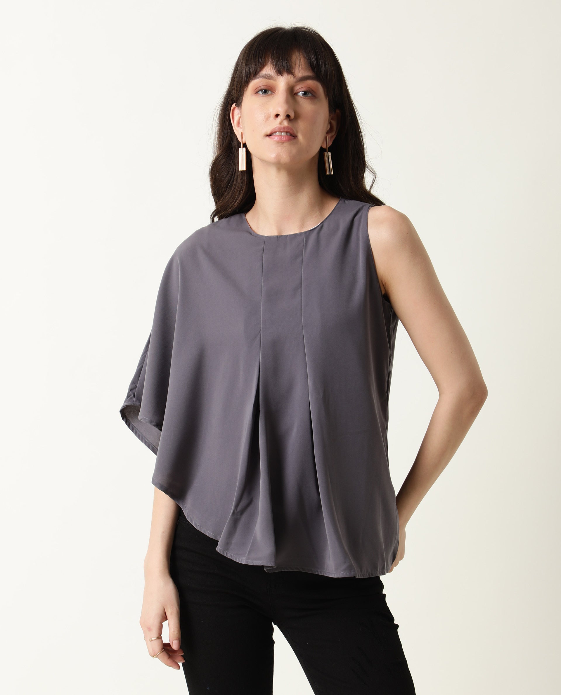 Rareism Womens Hudy Grey Top Polyester Fabric Relaxed Fit Flared Sleeve Round Neck