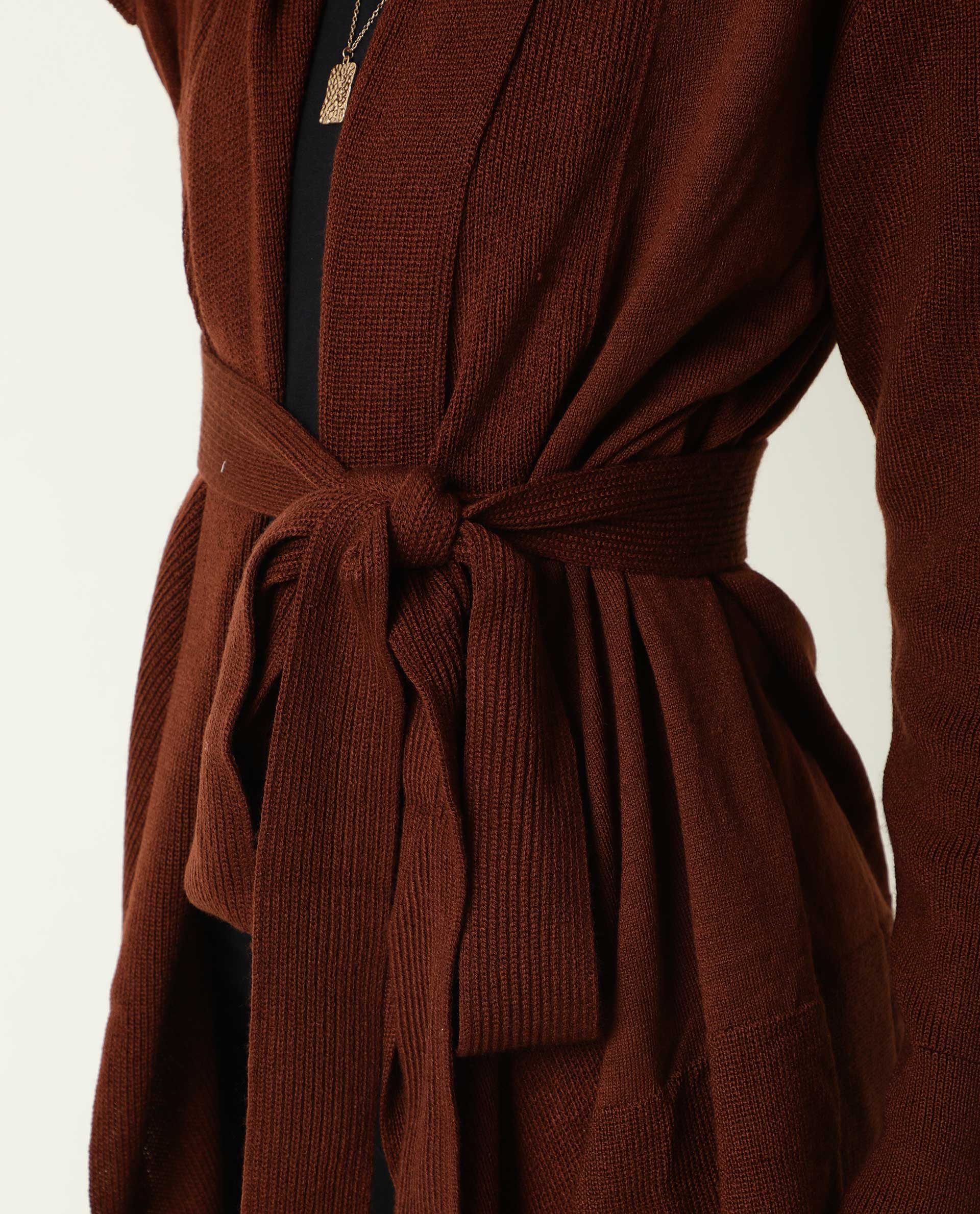Rareism Women's Flap Brown Acrylic Collarless Plain Knee Length Regular Fit Sweater