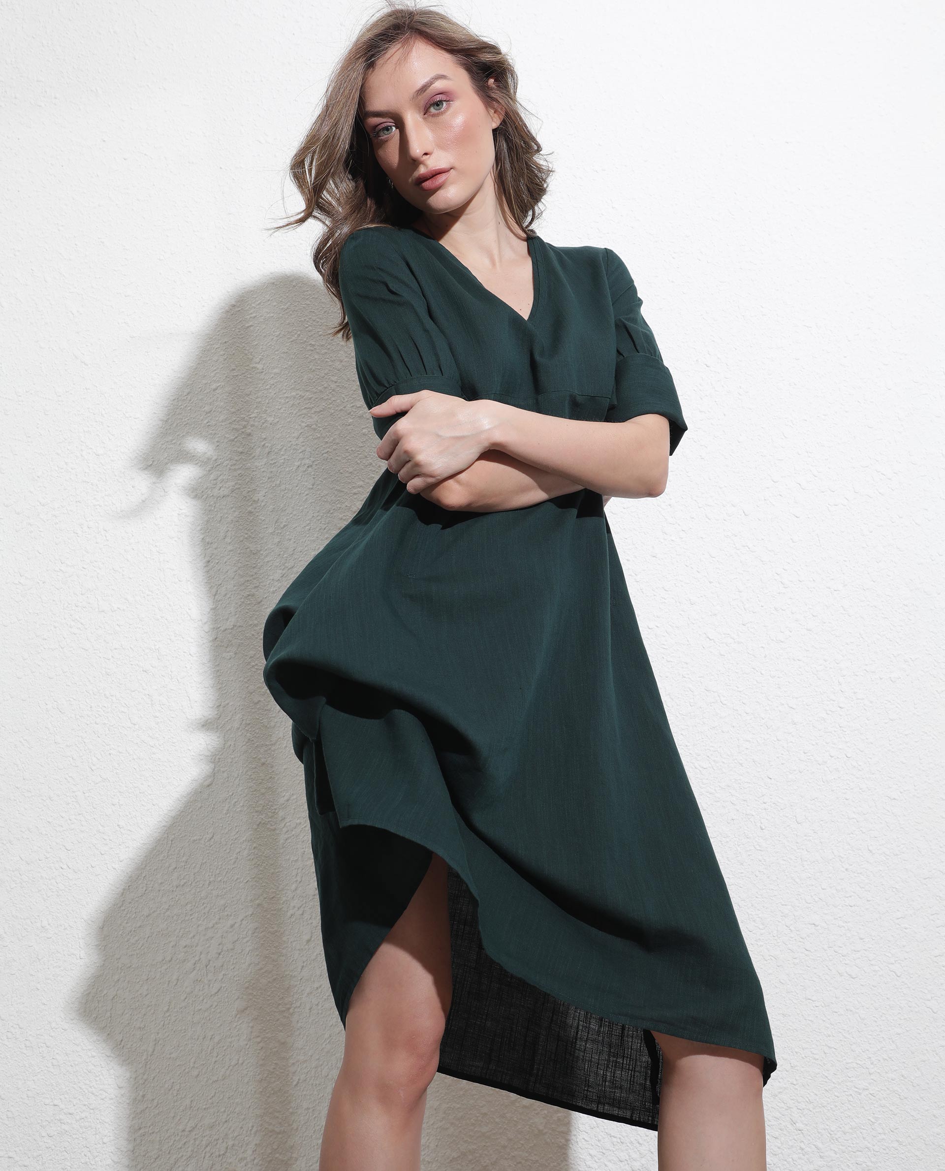 Rareism Women Cherry Green V Neck Tie-Up 3/4 Sleeves Symmetrical Knee Length Dress