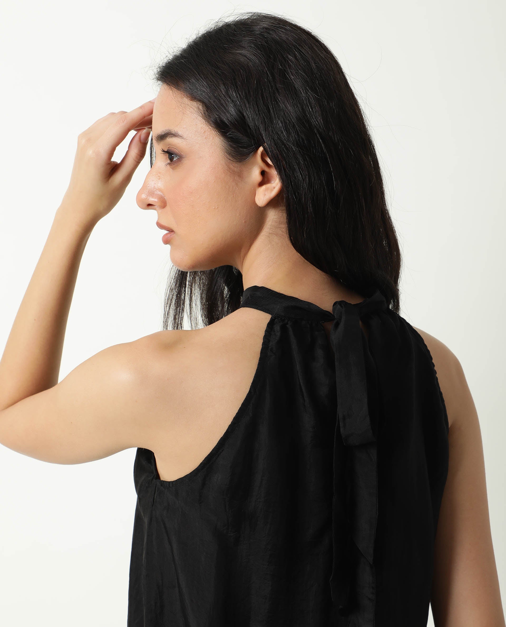 Rareism Women Sahano Black Poly Viscose Fabric Slim Fit Halter Neck Sleeveless Solid Top