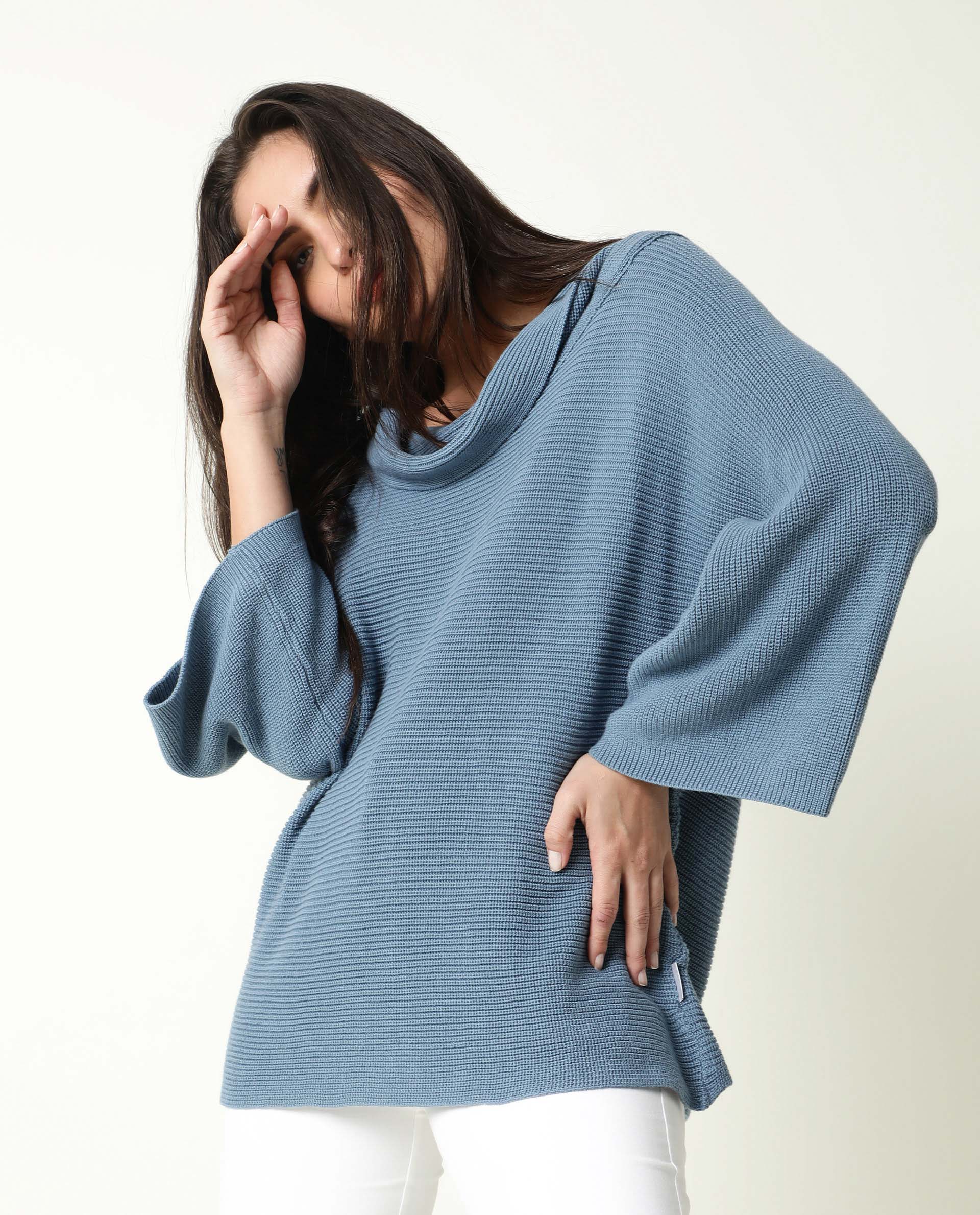 Rareism Women Cleo Blue 3/4Th Sleeves Relaxed Fit Solid Cowl Neck Sweater