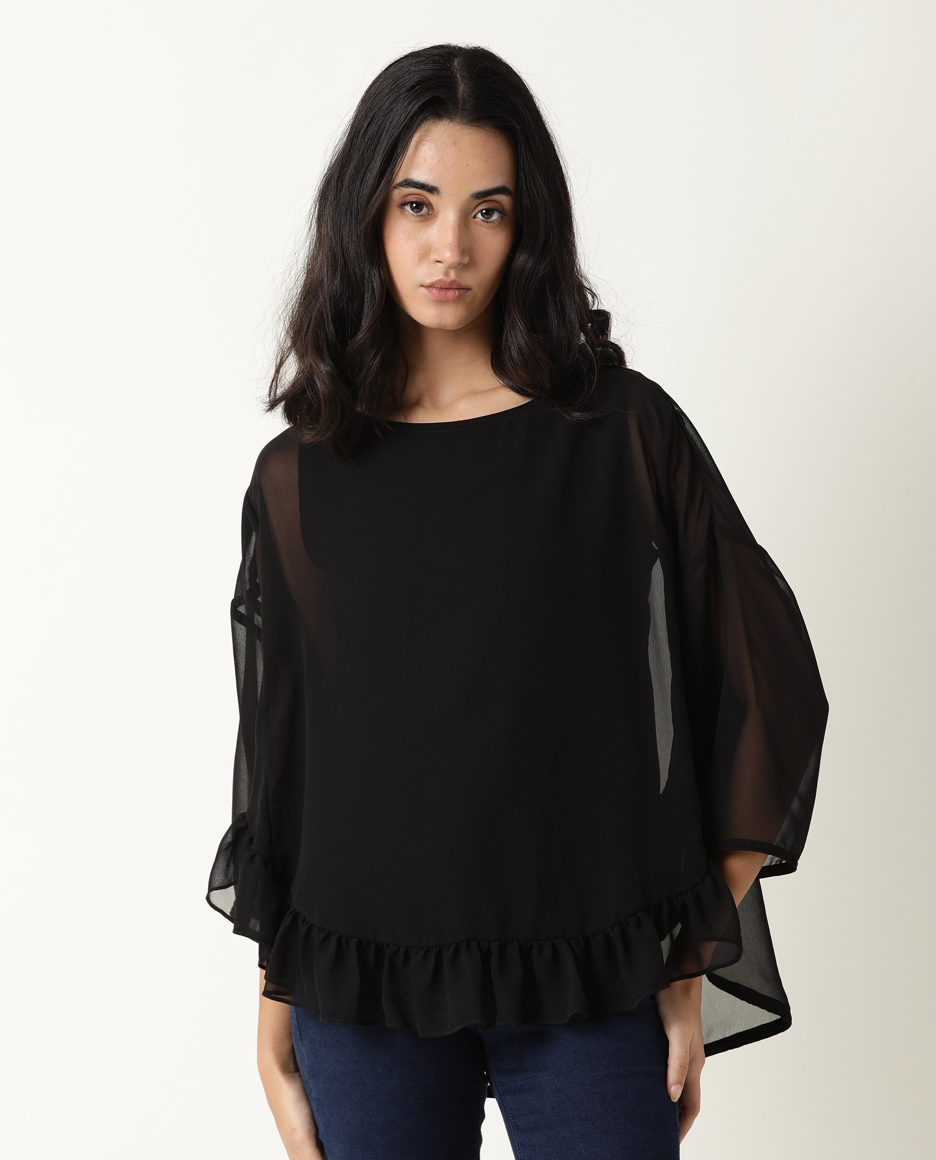 Rareism Women's Hold Black Polyester Crew Neck Plain Extended Sleeves Relaxed Fit Top