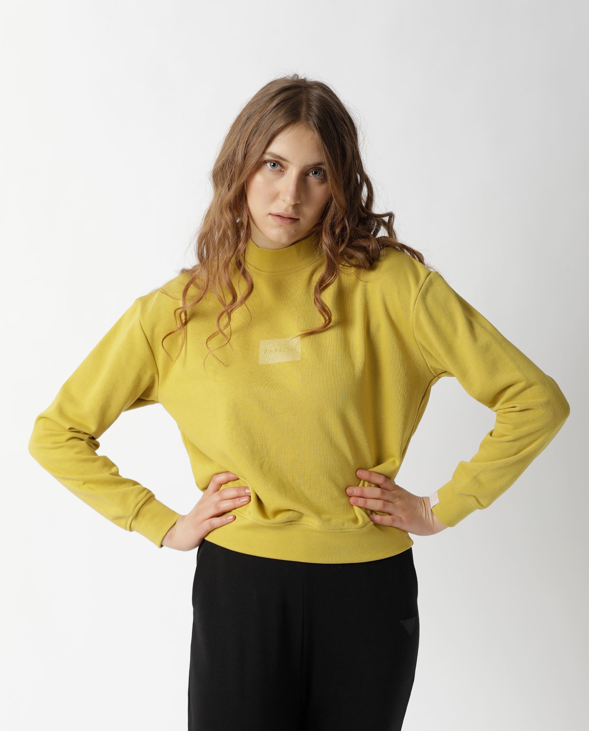 Rareism Women's Hectare Yellow Cotton Blend High Neck Plain Relaxed Fit Sweatshirt