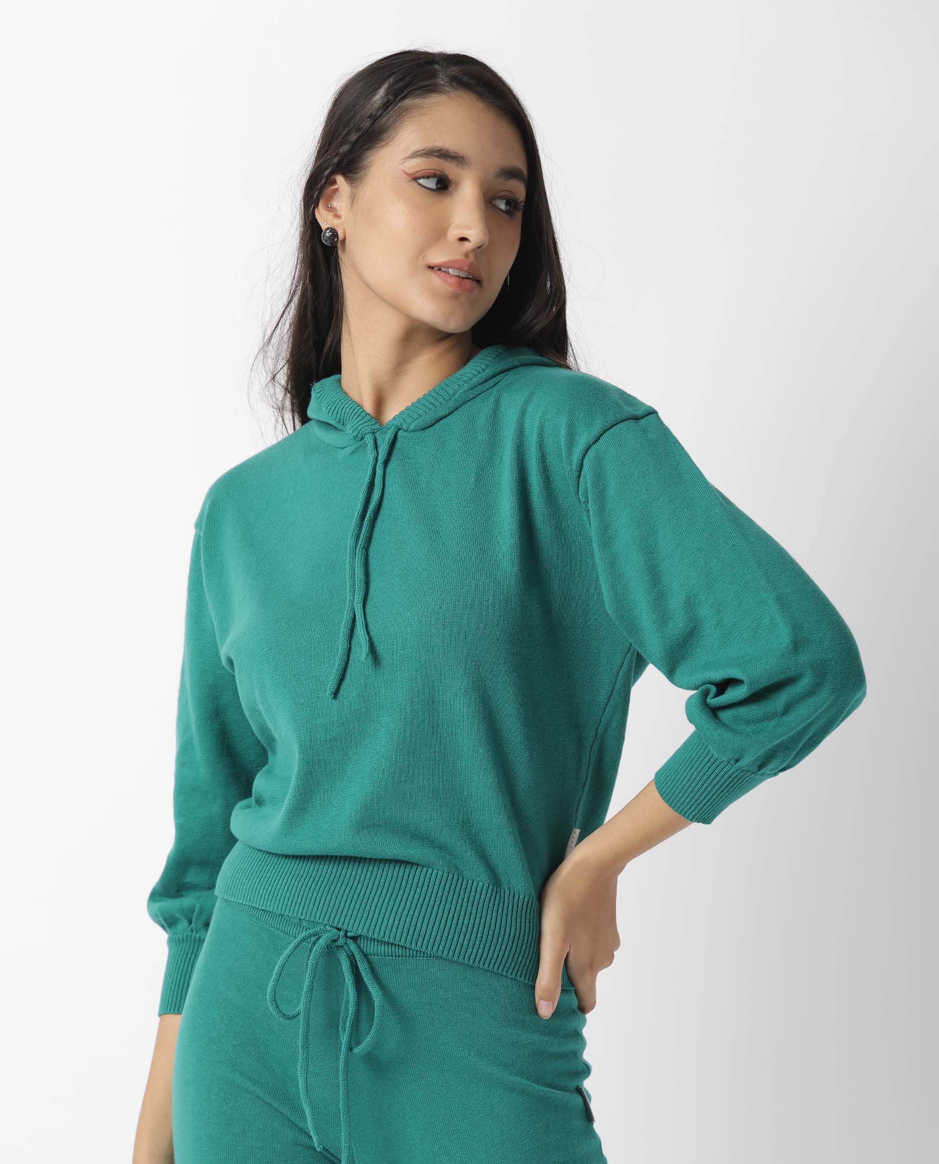 Rareism Women Finn Green Cotton Fabric Relaxed Fit Full Sleeves Solid Knee Length Hooded Track Suit