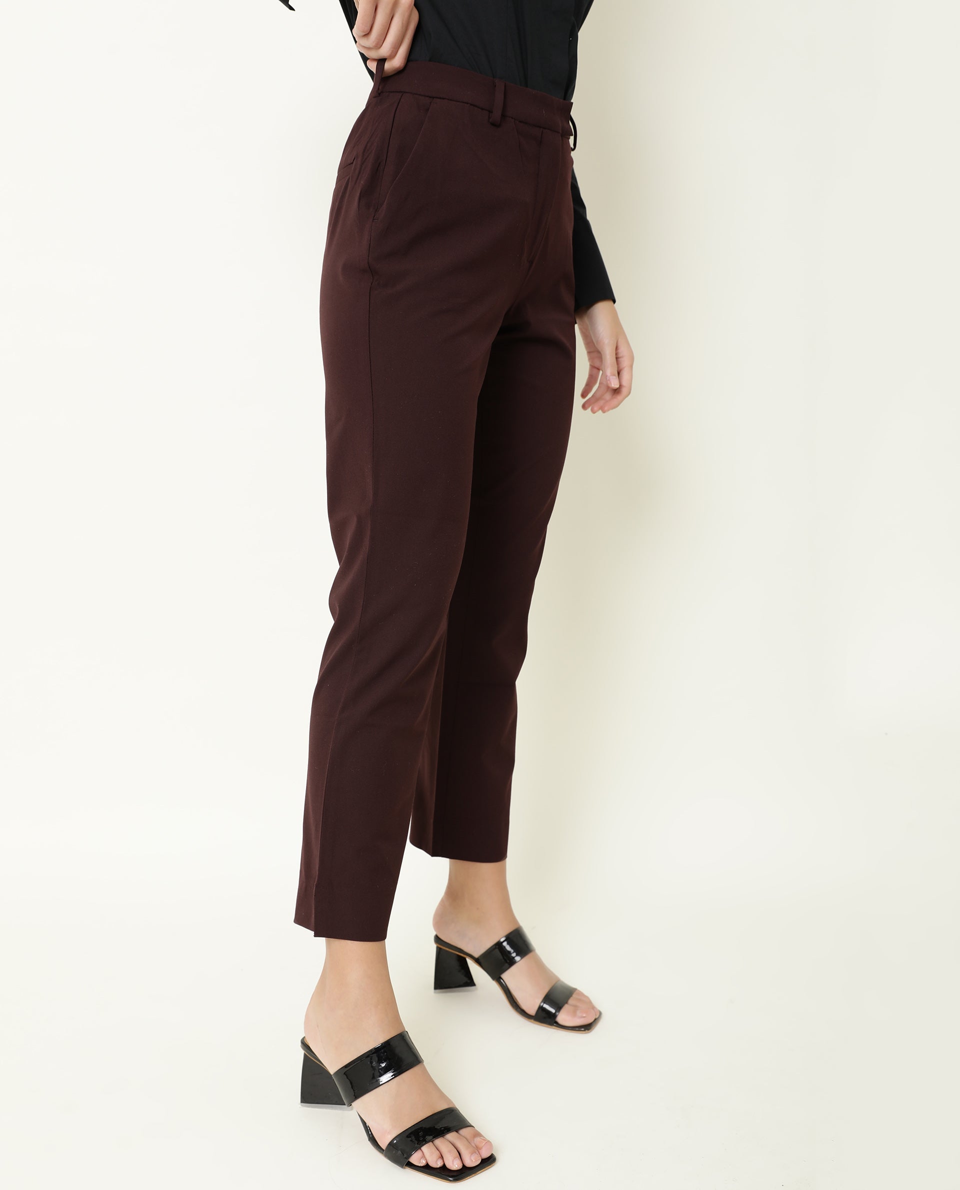Rareism Women Yard Maroon Poly Cotton Fabric Tailored Fit Mid Rise Solid Ankle Length Trousers