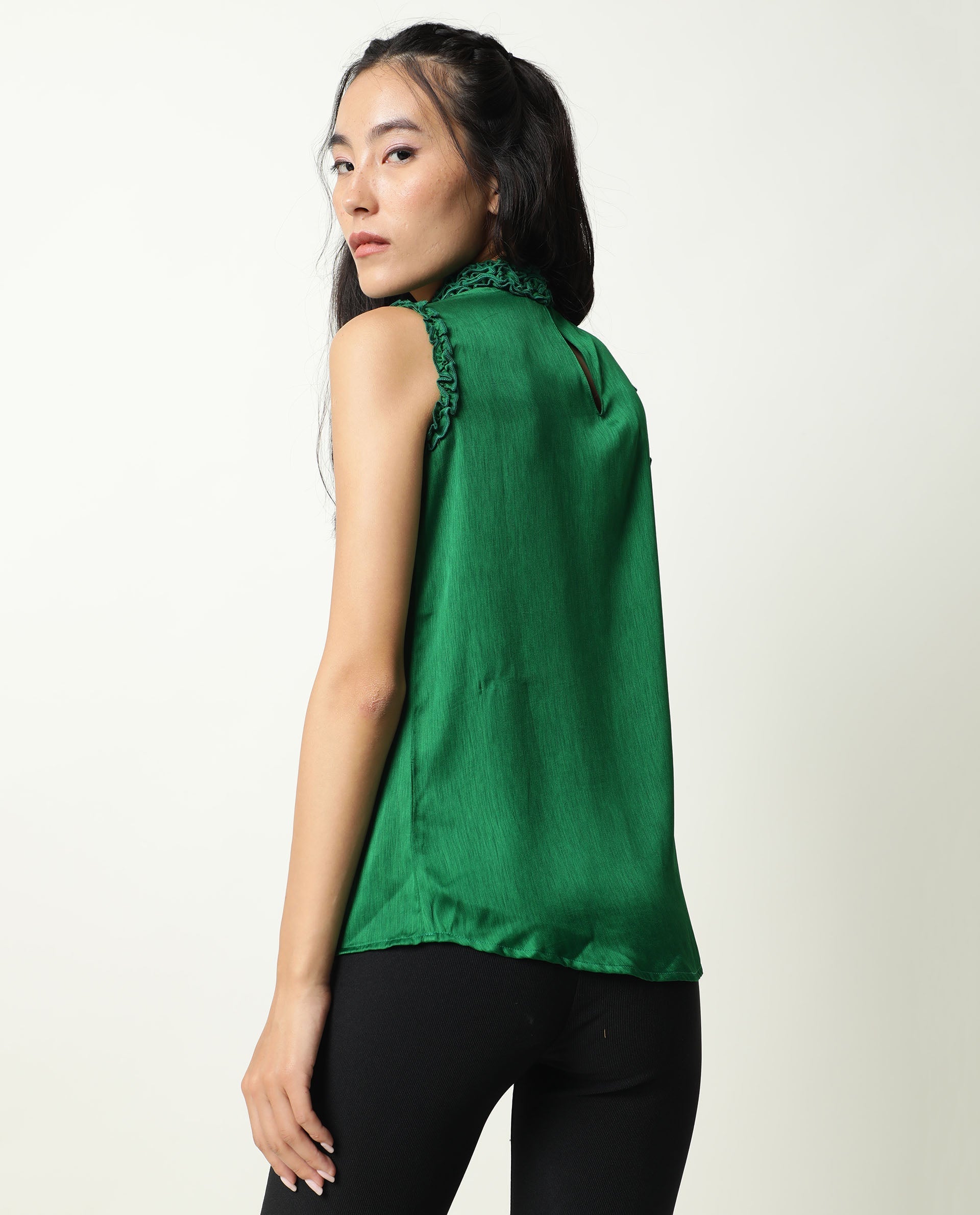 Rareism Womens Baileys Green Top Polyester Fabric Sleeveless Ruffled Neck