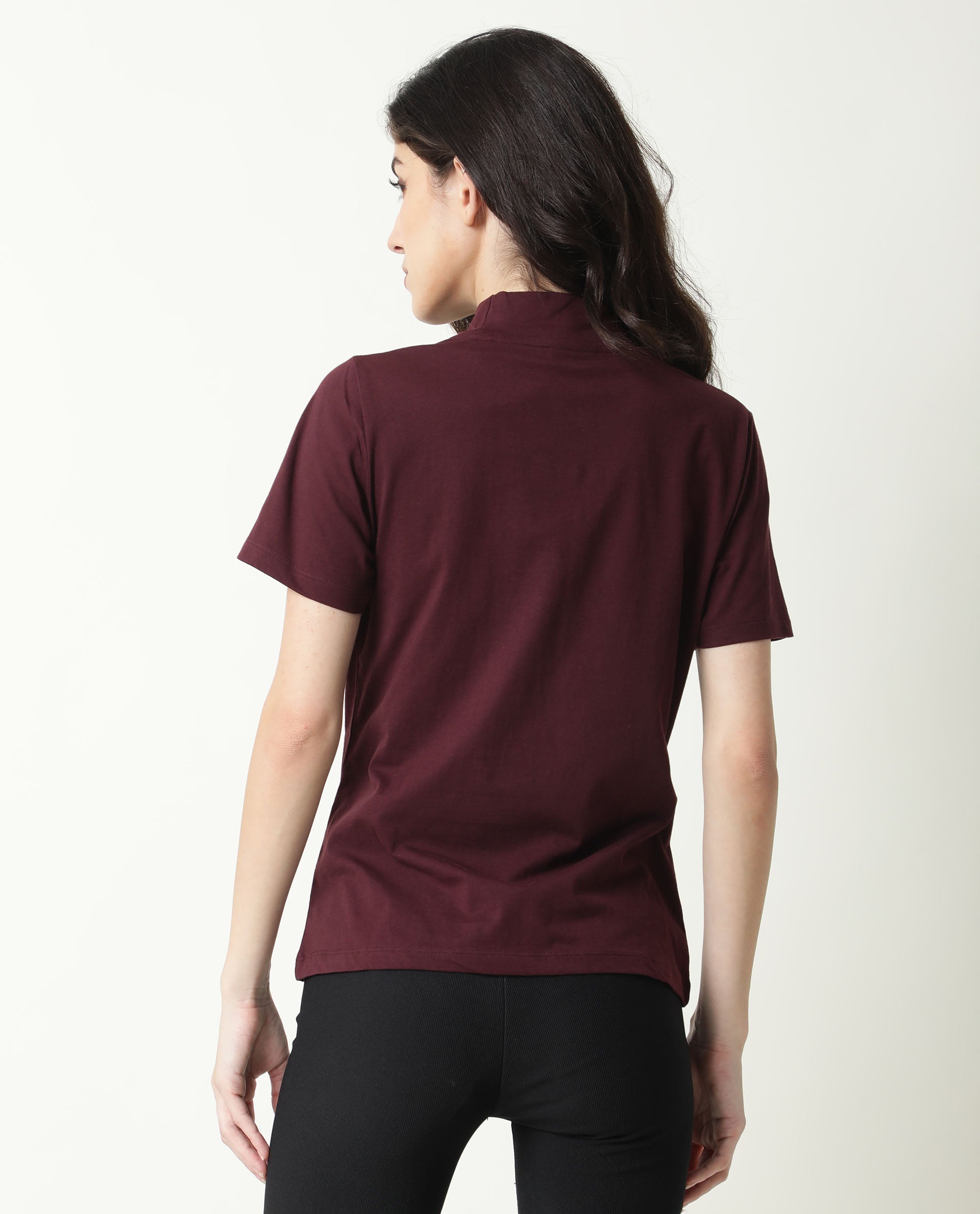 Rareism Women Zolten Maroon Cotton Fabric Regular Fit Half Sleeves Solid Crew Neck T-Shirt