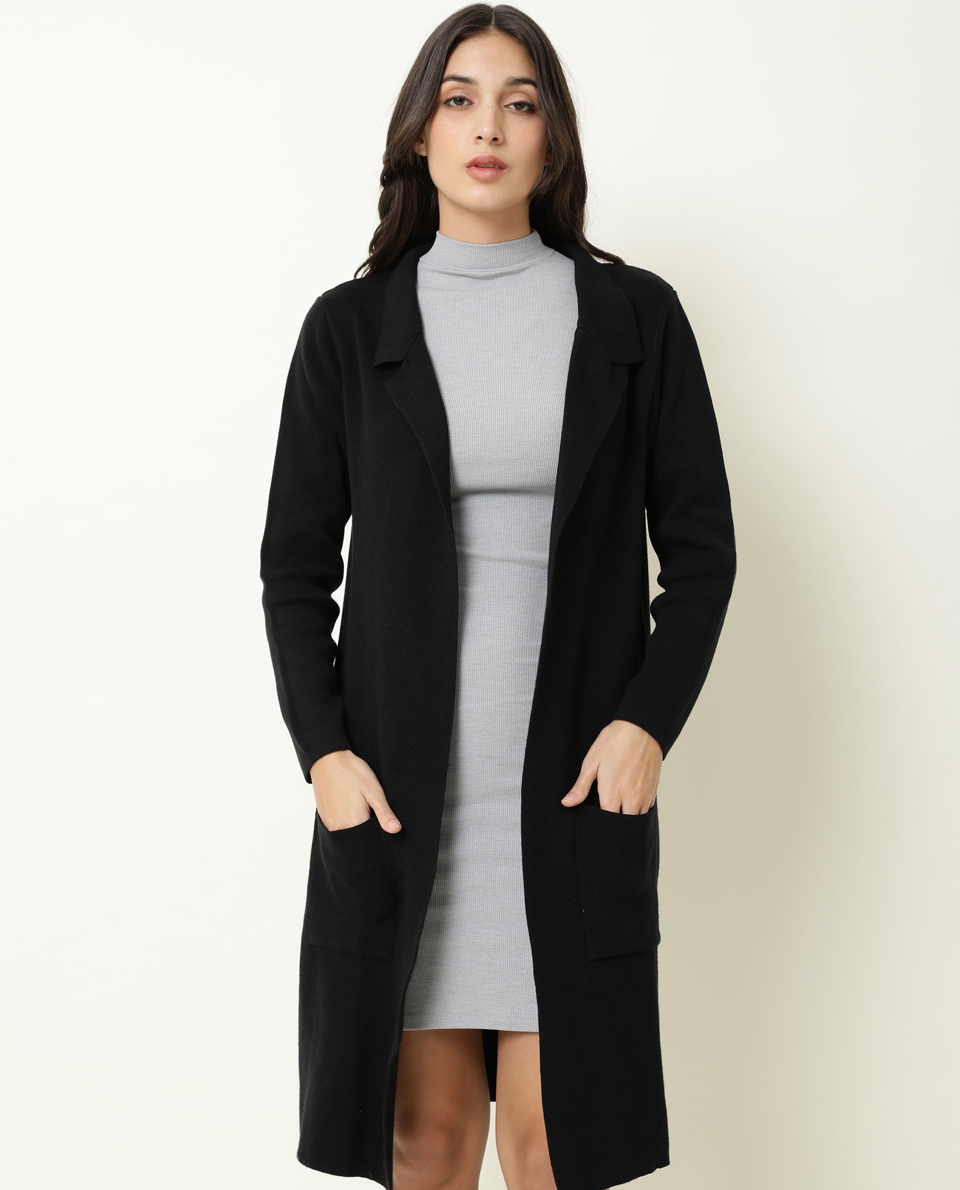 Rareism Women Trident Black Cotton Fabric Full Sleeves Knee Length Regular Fit Solid Lapel Neck Sweater