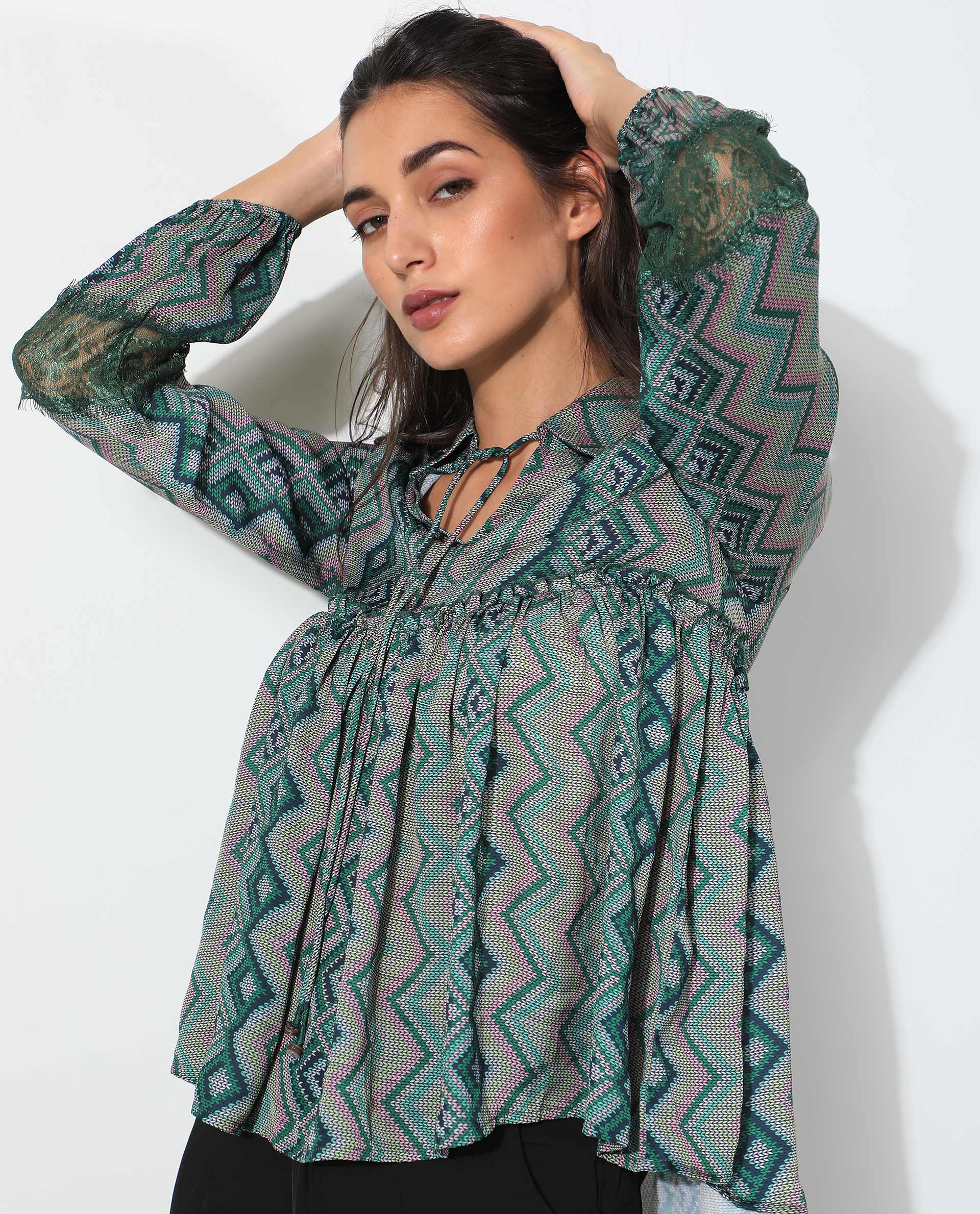 Rareism Women's Cataline Olive Polyester Tie-Up Neck Geometric Print Regular Fit Top