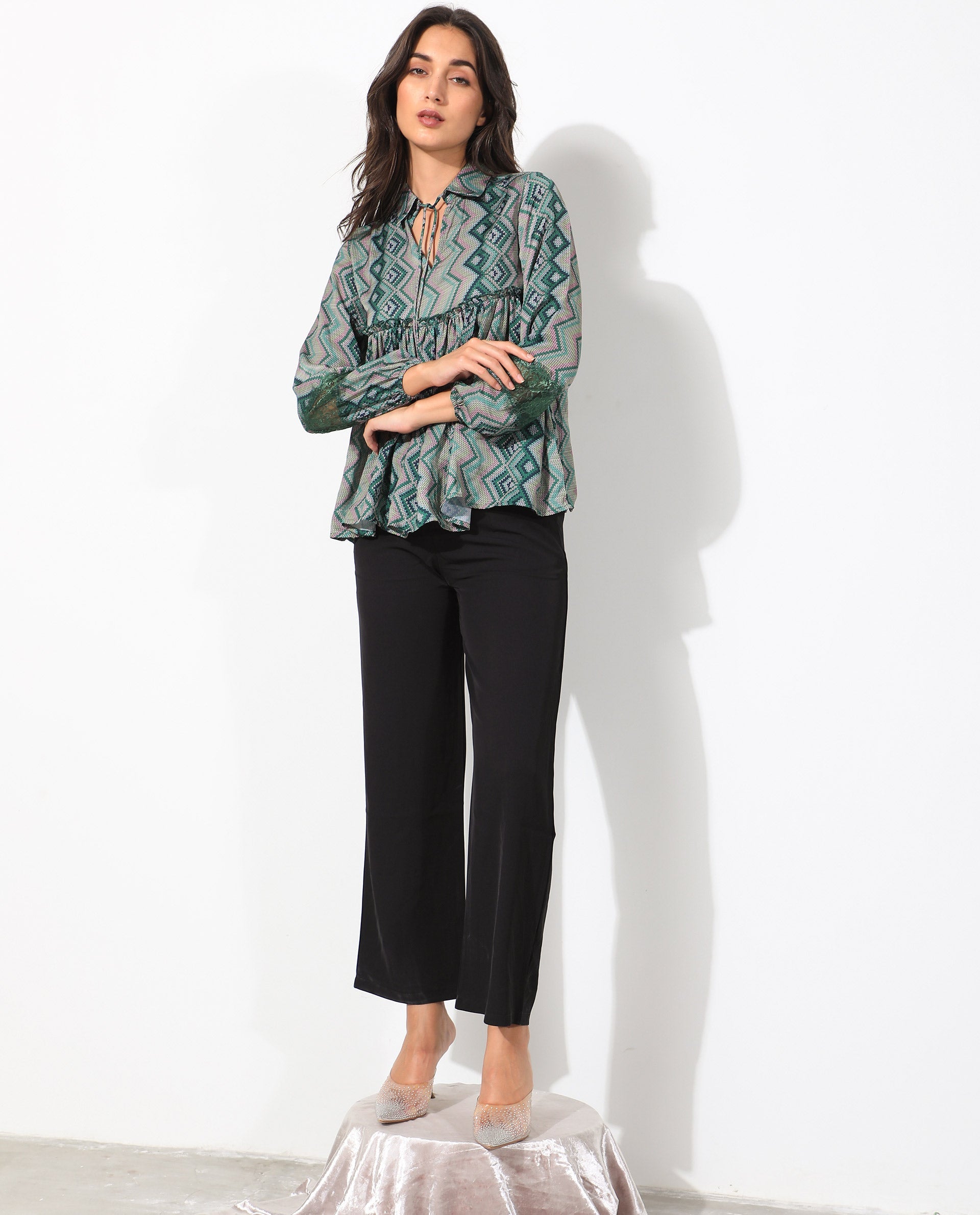 Rareism Women's Cataline Olive Polyester Tie-Up Neck Geometric Print Regular Fit Top