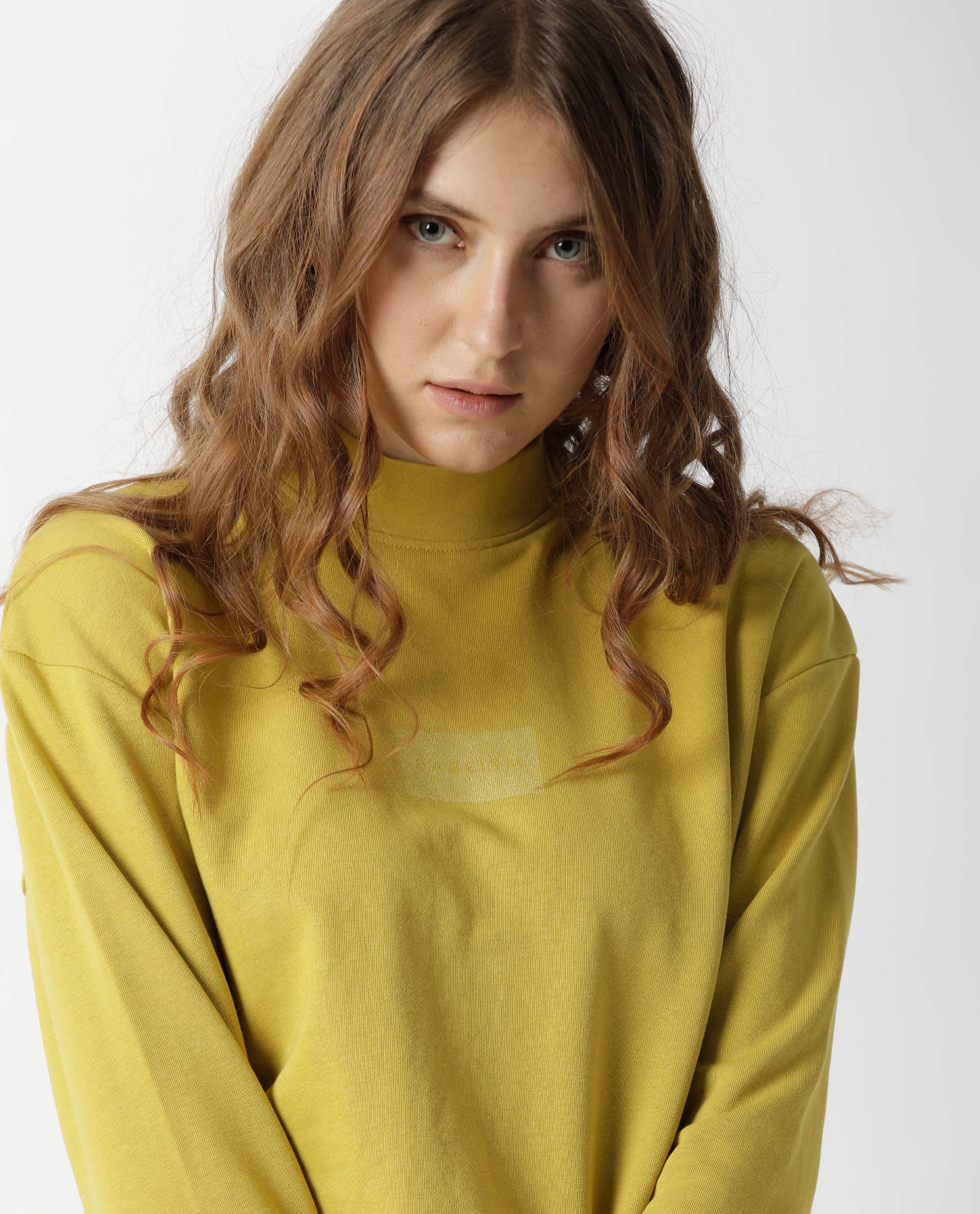Rareism Women's Hectare Yellow Cotton Blend High Neck Plain Relaxed Fit Sweatshirt