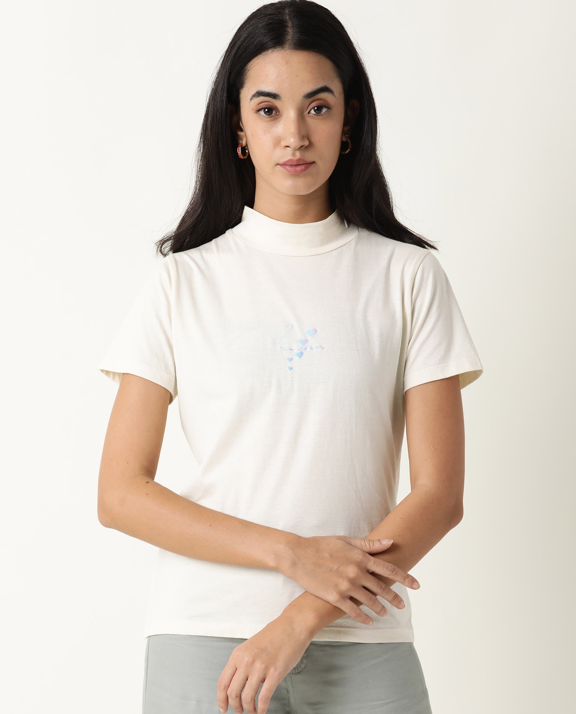 Rareism Women Hamock Off White Cotton Fabric Regular Fit Half Sleeves Solid Crew Neck T-Shirt