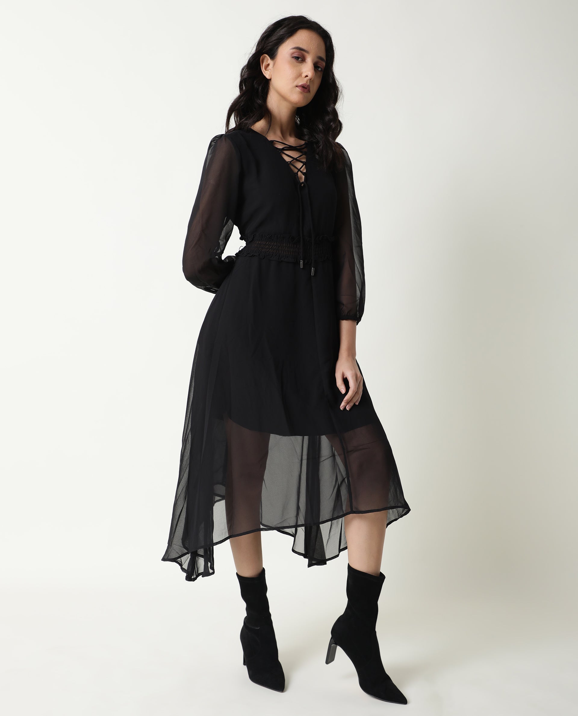 Rareism Women's Ommet Black V-Neck Plain Knee Length Regular Fit Dress