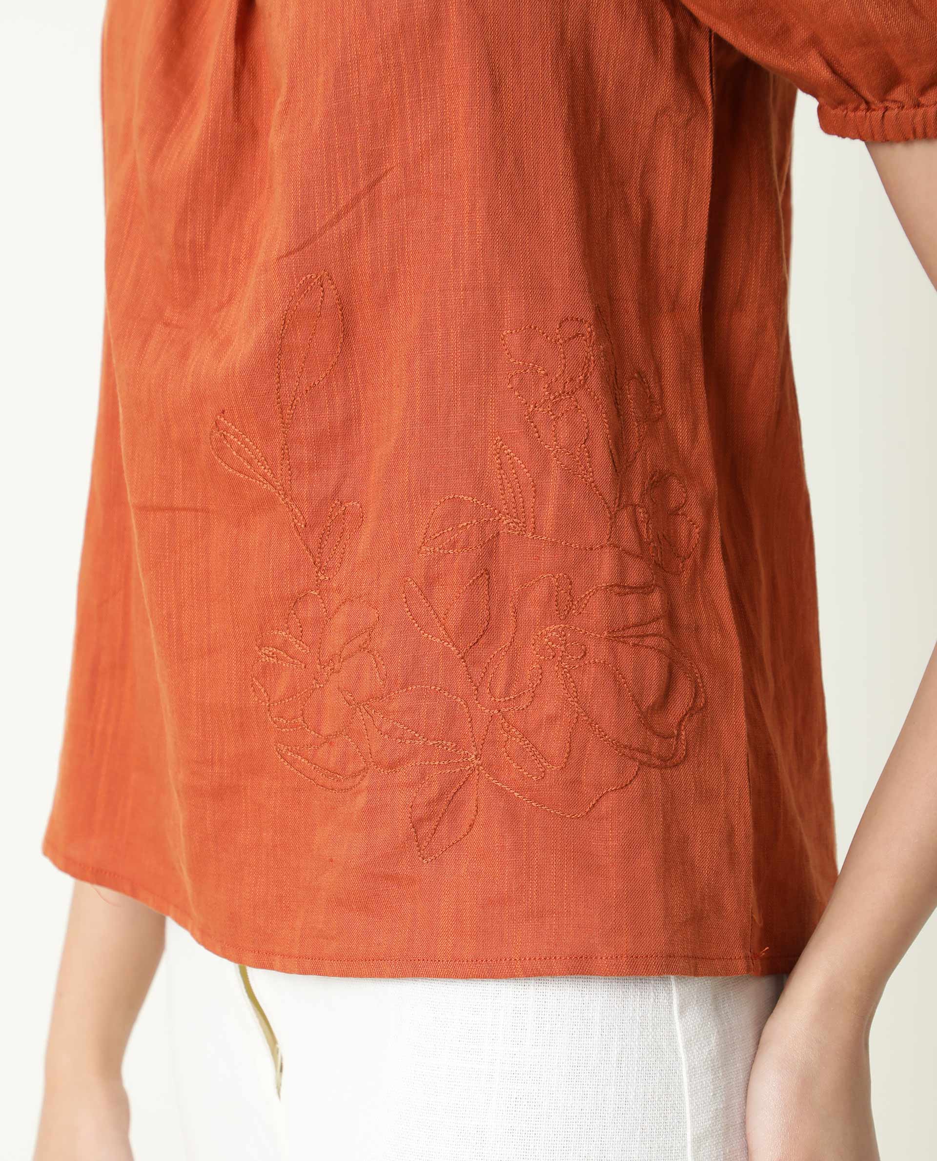 Rareism Womens Gamora Rust Top Cotton Linen Fabric Loose Fit Puff Sleeves Square Neck
