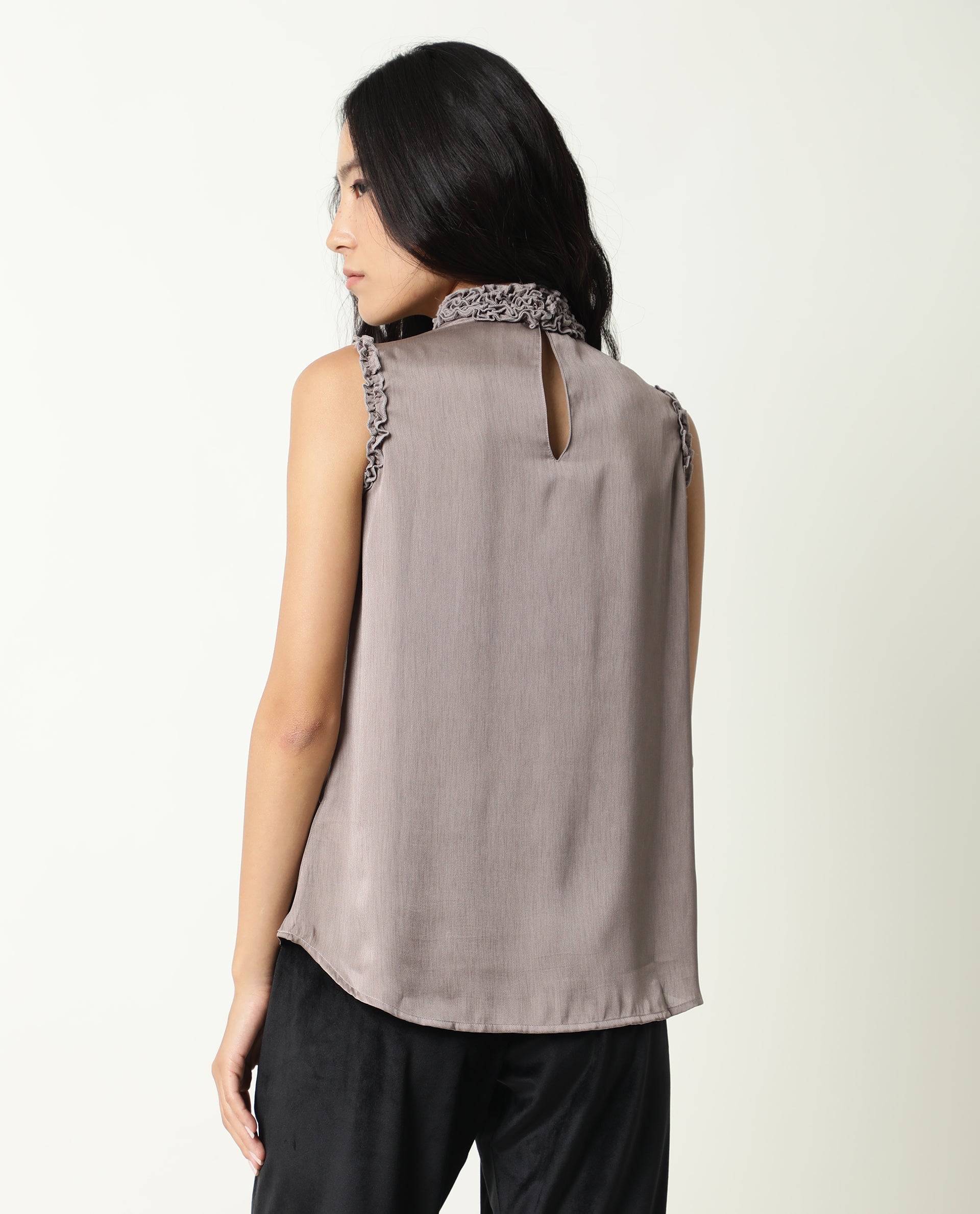 Rareism Womens Baileys Beige Top Polyester Fabric Sleeveless Ruffled Neck