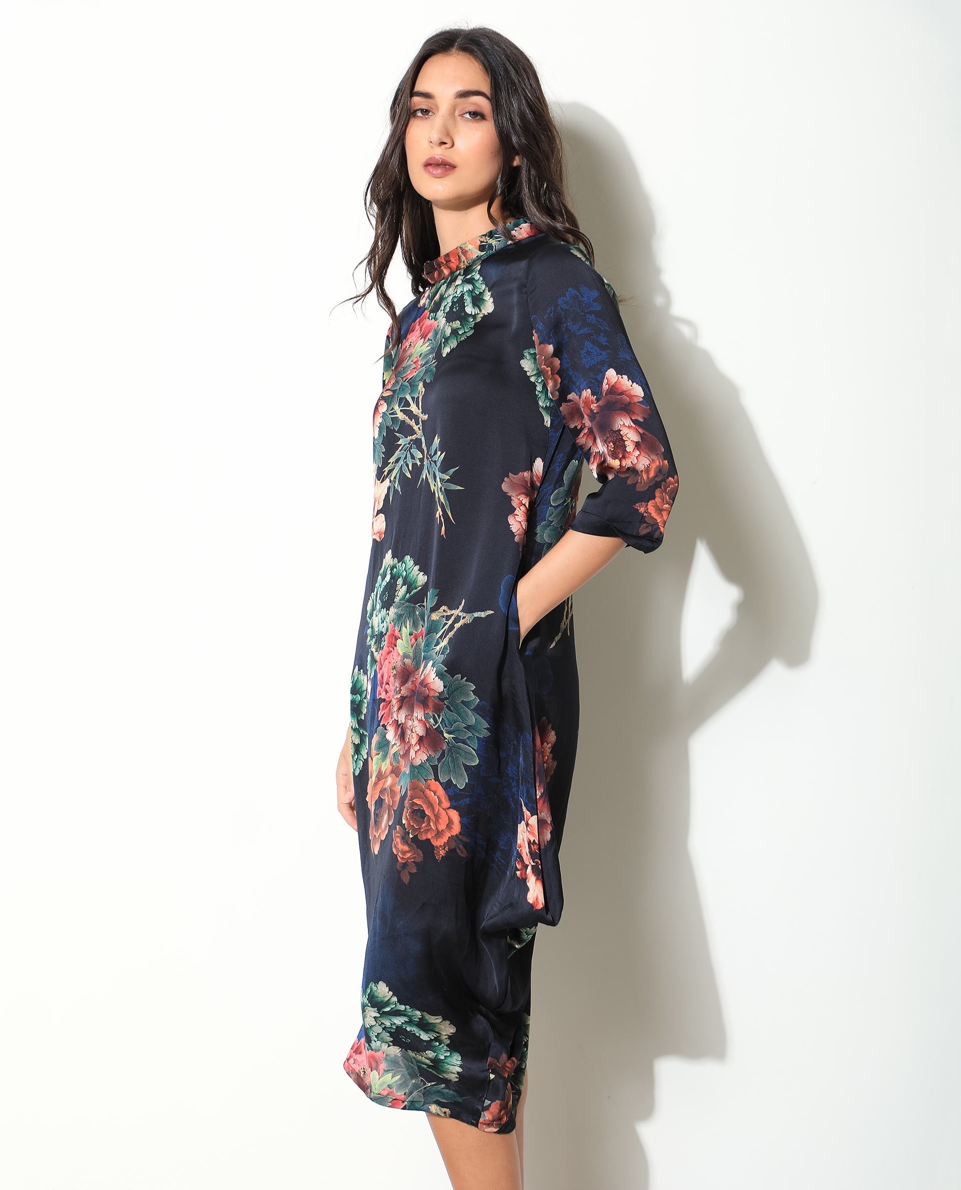 Rareism Women Astilbe Black Floral Print High Neck 3/4 Sleeves Asymmetric Knee Length Dress