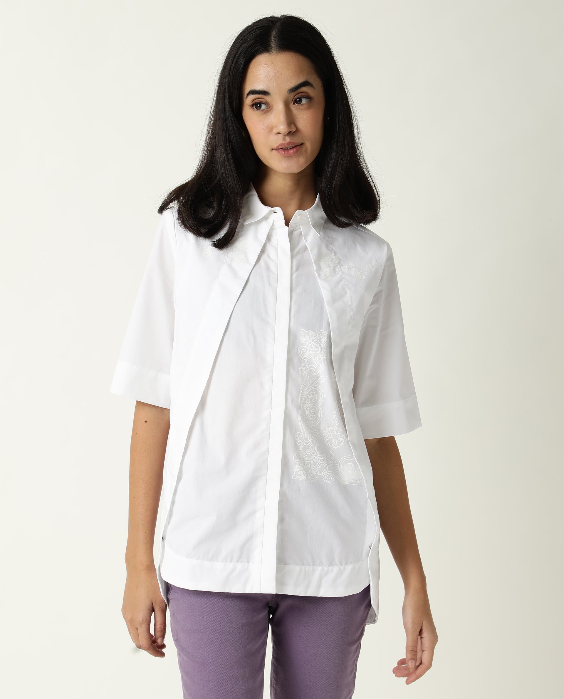 Rareism Women's Flick White Cotton Spread Collar Plain Regular Fit Top
