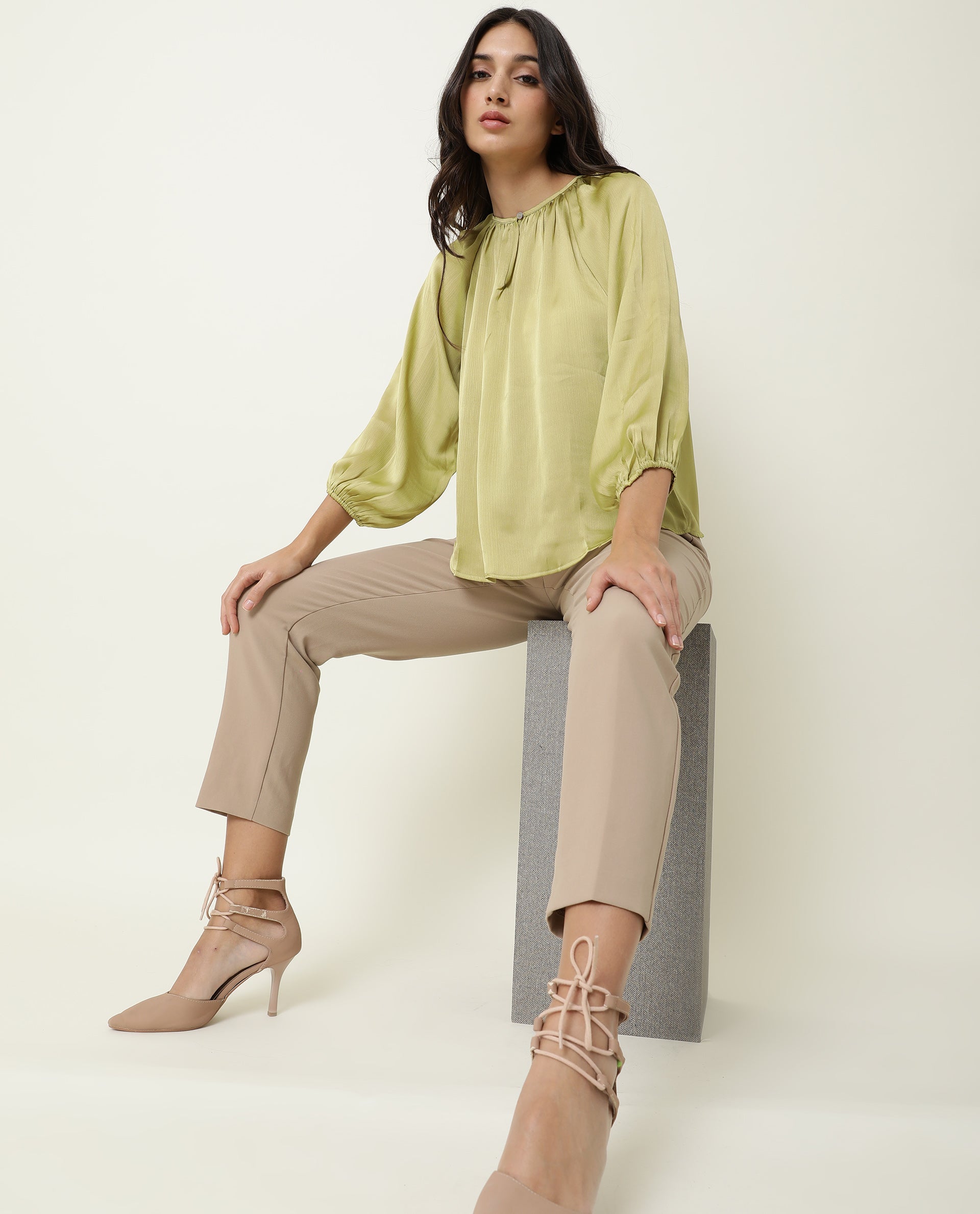 Rareism Womens Fall Green Top Polyester Fabric Full Sleeve Boat Neck