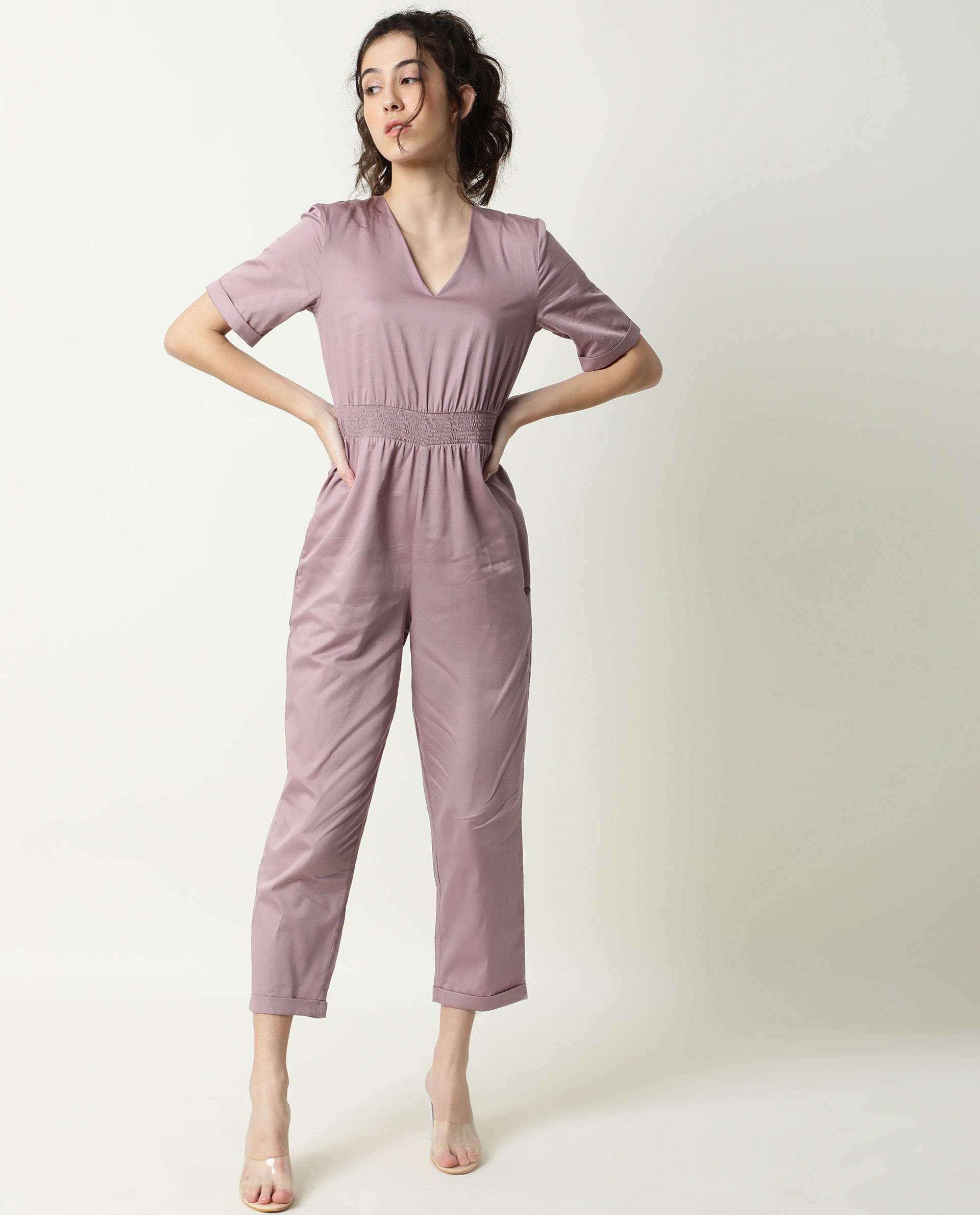 Rareism Women Husky Dusky Pink Cotton Satin Fabric Regular Fit Ankle Length Solid Jumpsuit