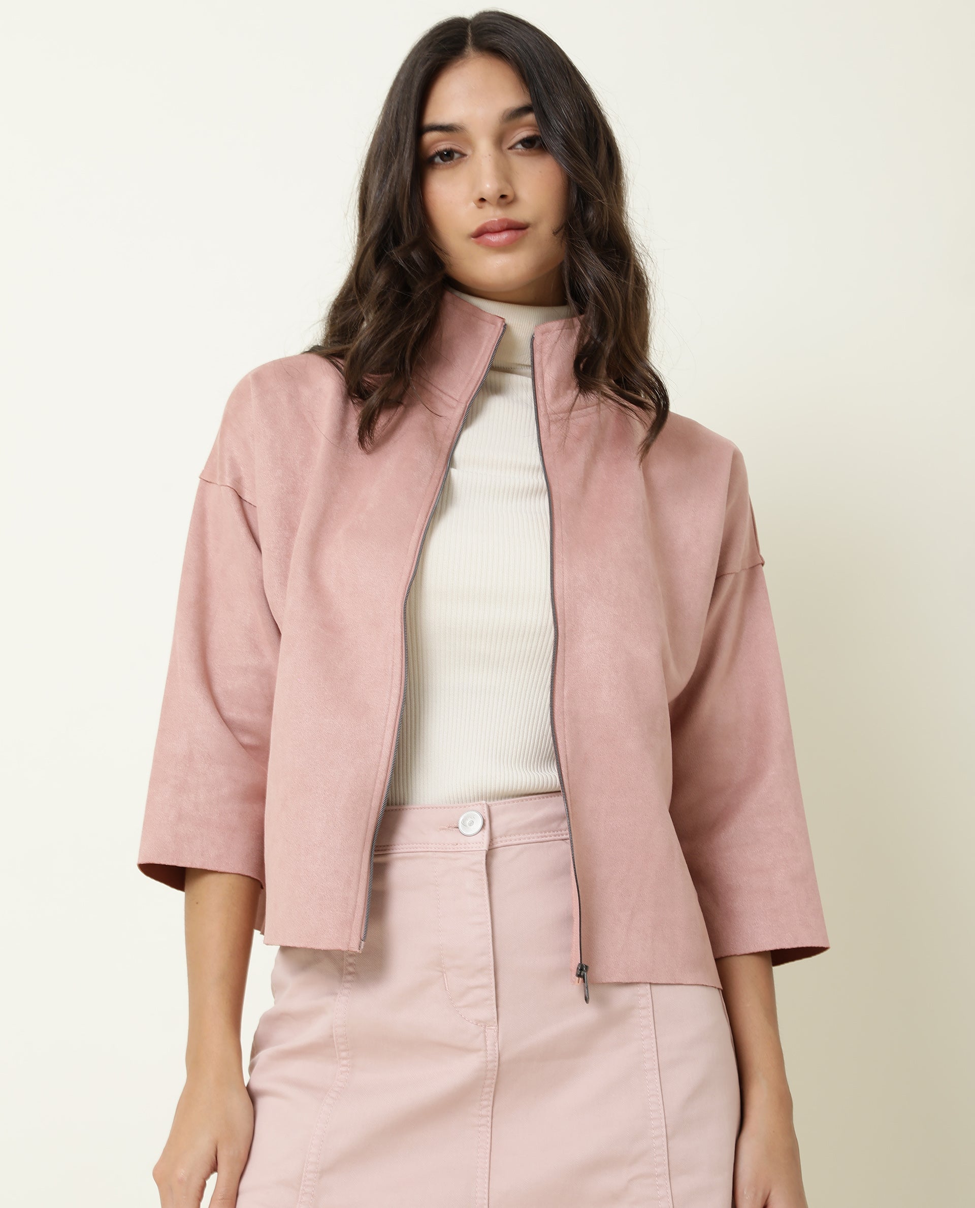 Rareism Women Vasu Dark Pink Polyester Fabric 3/4Th Sleeves Solid High Neck Jacket