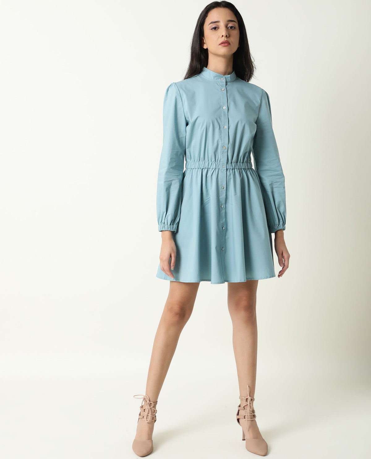 Rareism Women Darla Blue Mandarin Collar Full Front Button Closure Placket With Full Sleeves And Pocket Mini Dress