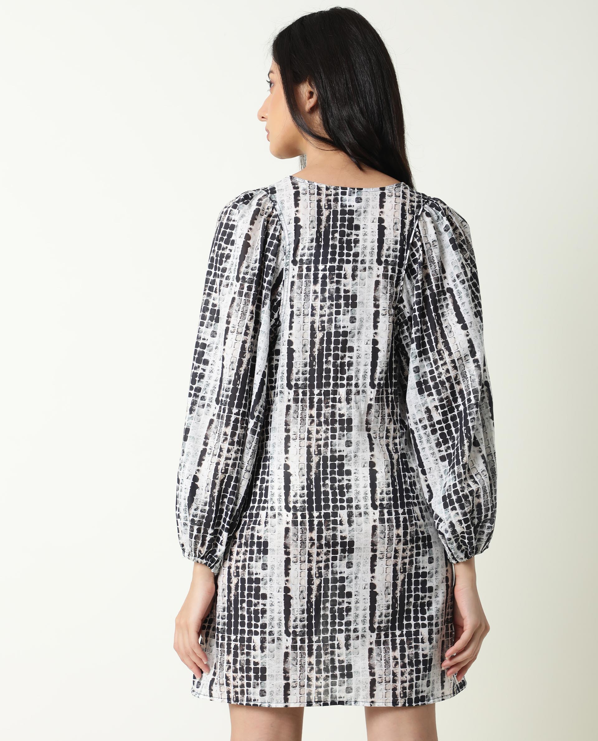 Rareism Women's Ragi Black Cotton Tie-Up Neck Abstract Print Volume Sleeve Mini Regular Fit Dress