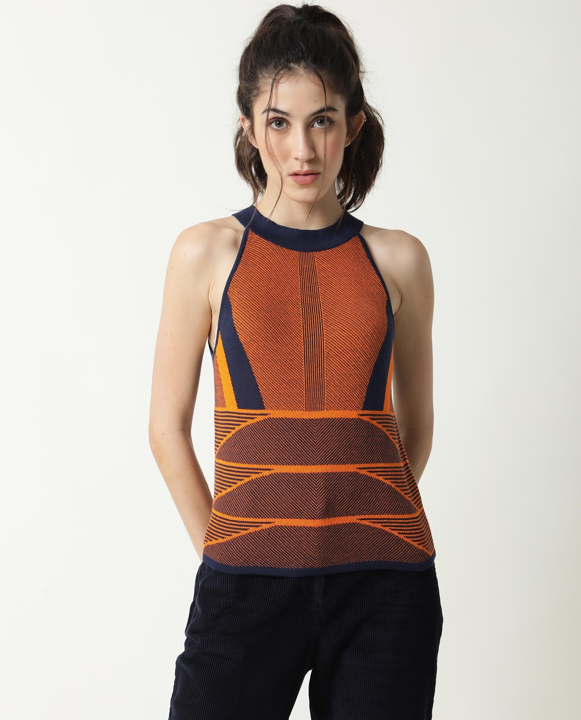 Rareism Women Lila Orange Cotton Fabric Sleeveless Regular Fit Abstract Print Halter Neck Sweater