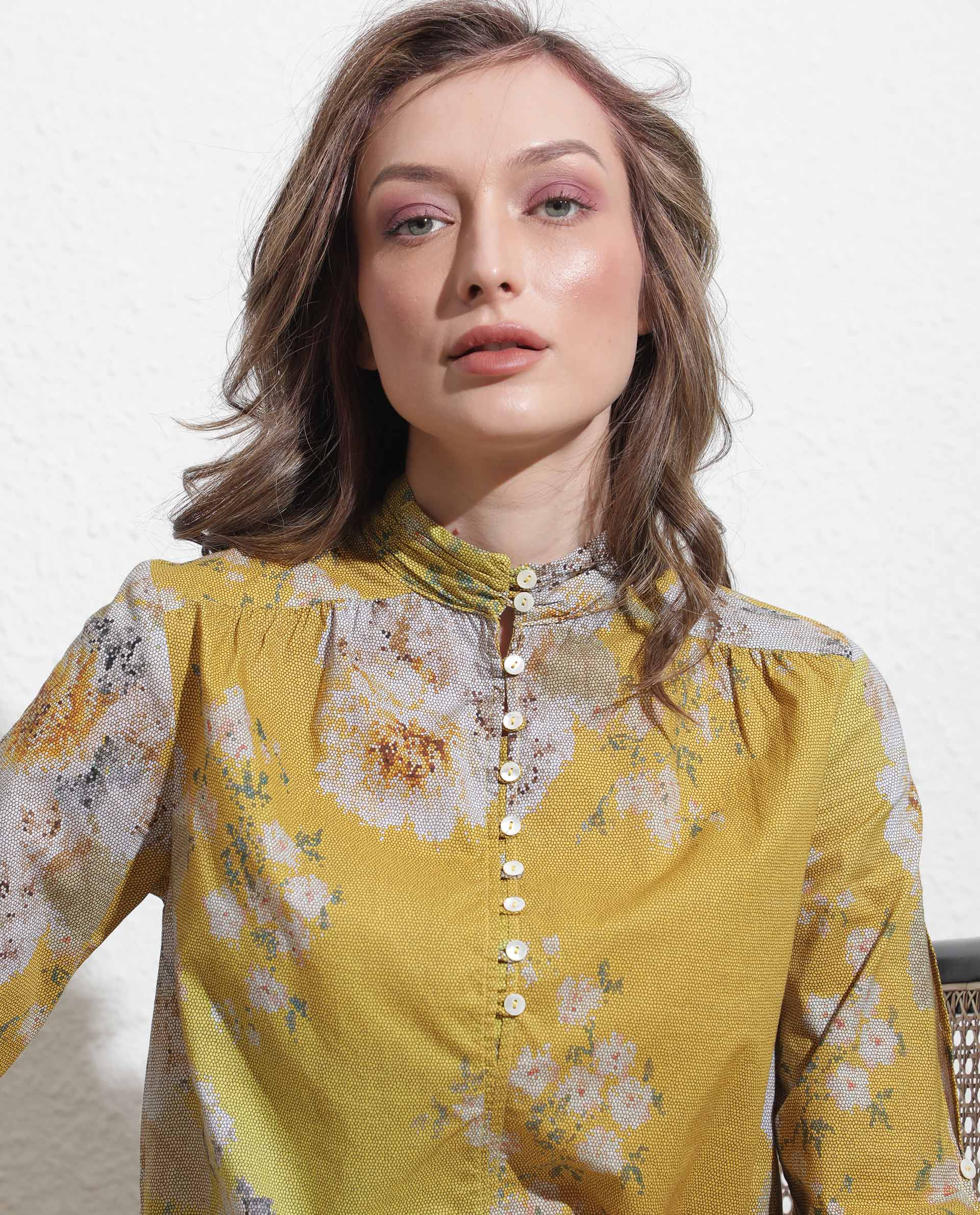Rareism Women Morgan Dark Yellow Cotton Fabric Regular Fit High Neck Full Sleeves Floral Print Top