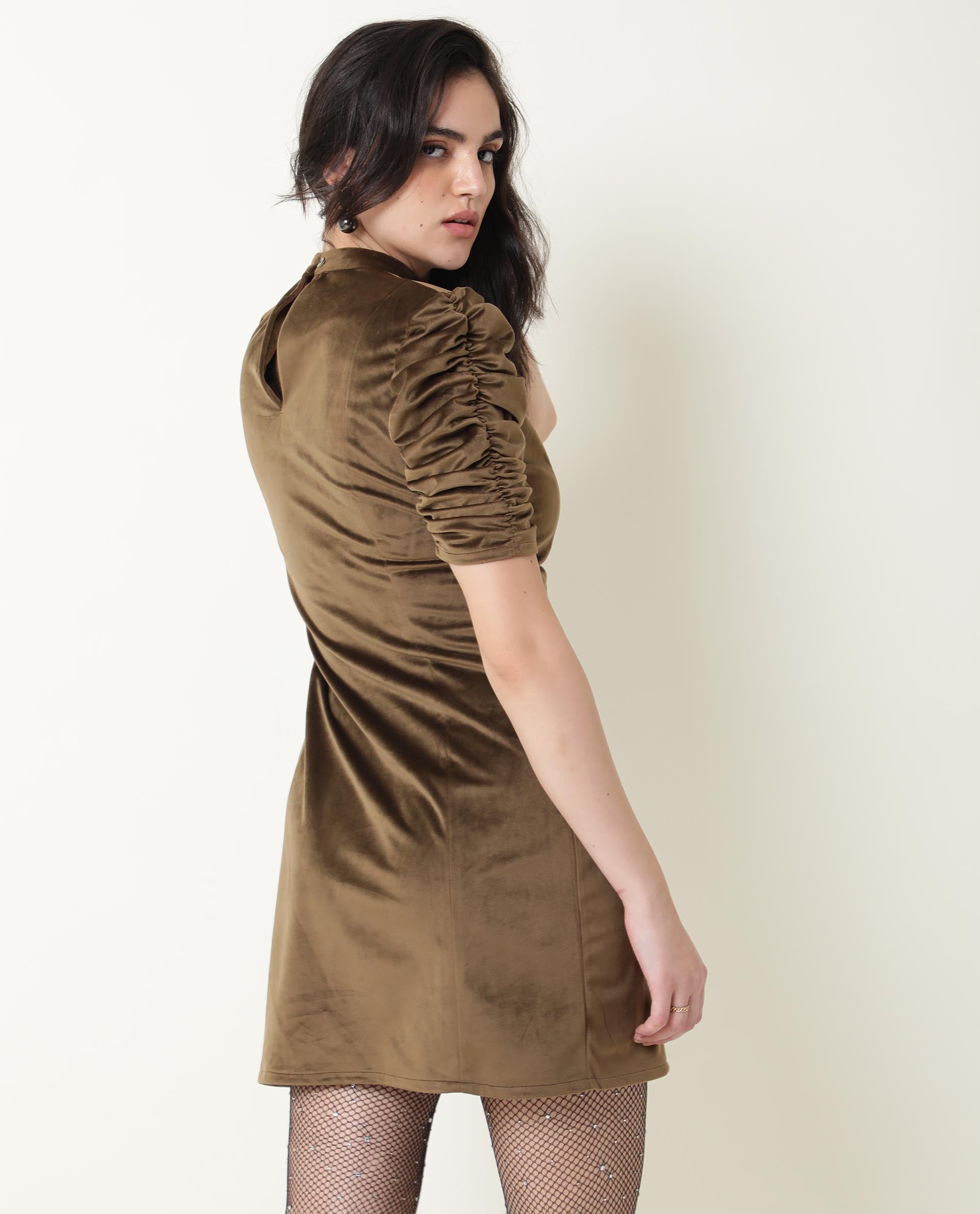Rareism Women's Winey Olive High Neck Plain Knee Length Regular Fit Dress