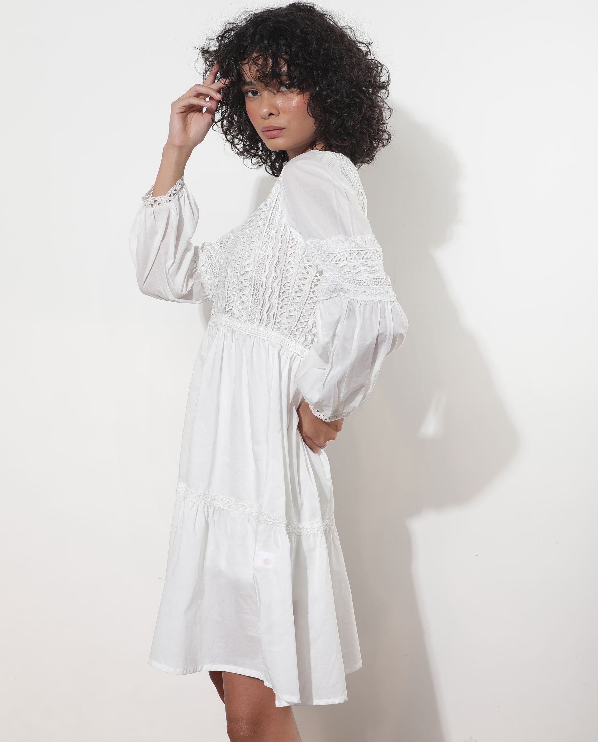 Rareism Women's Darmini White Cotton Crew Neck Plain Puff Sleeves Knee Length Relaxed Fit Dress