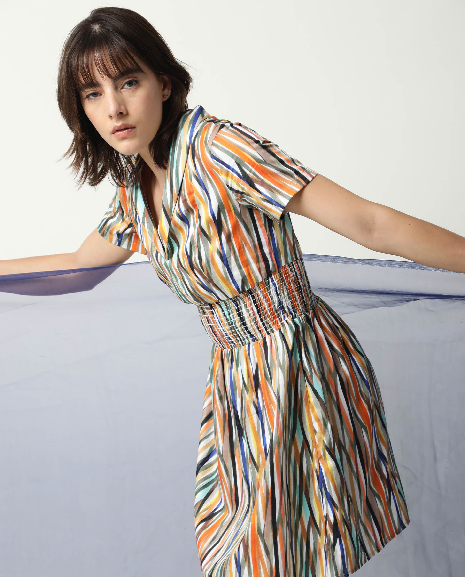 Rareism Women's Shallom Multi V-Neck Abstract Print Knee Length Regular Fit Dress
