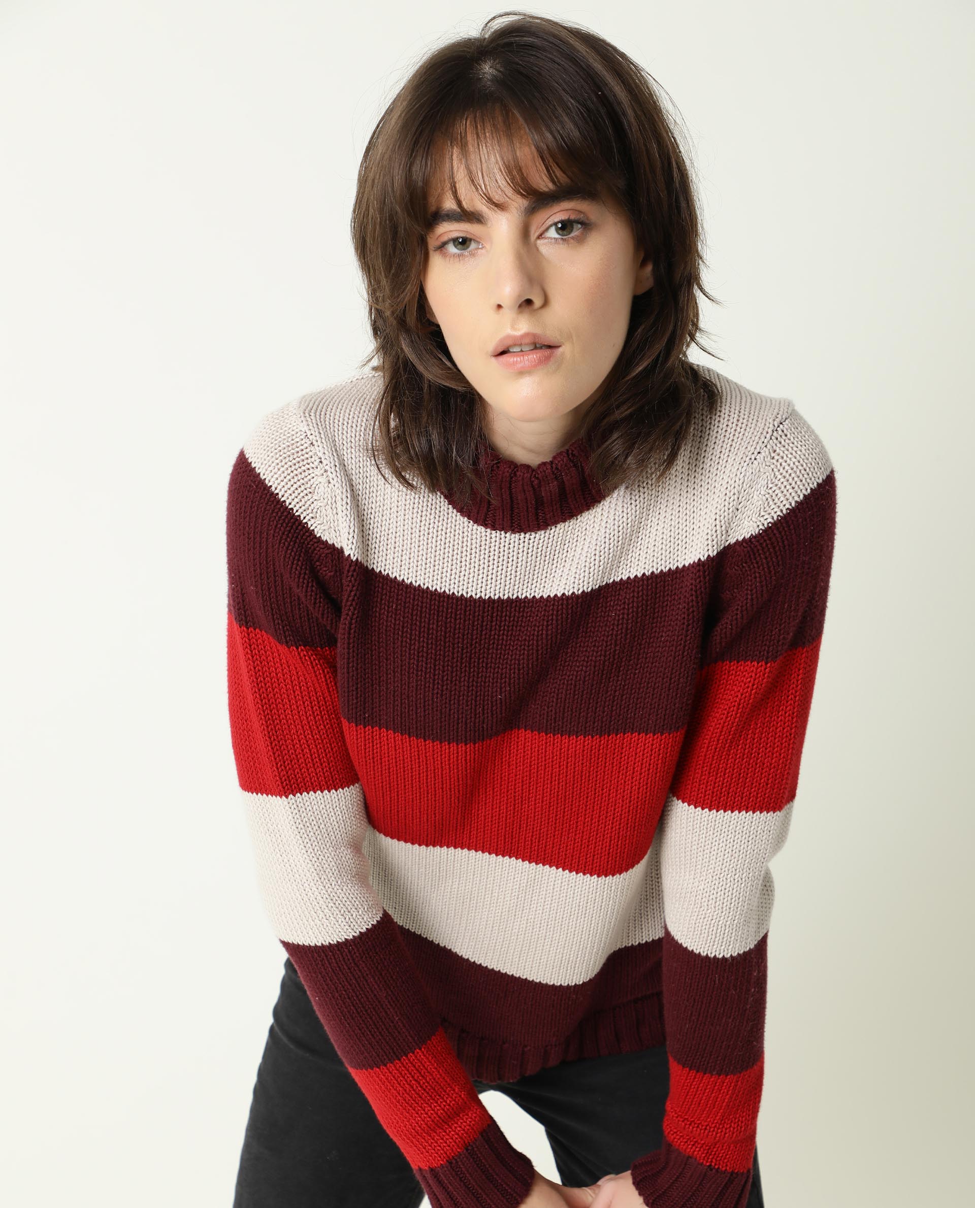 Rareism Women Tony Maroon Full Sleeves Regular Fit Color Blocked Turtle Neck Sweater