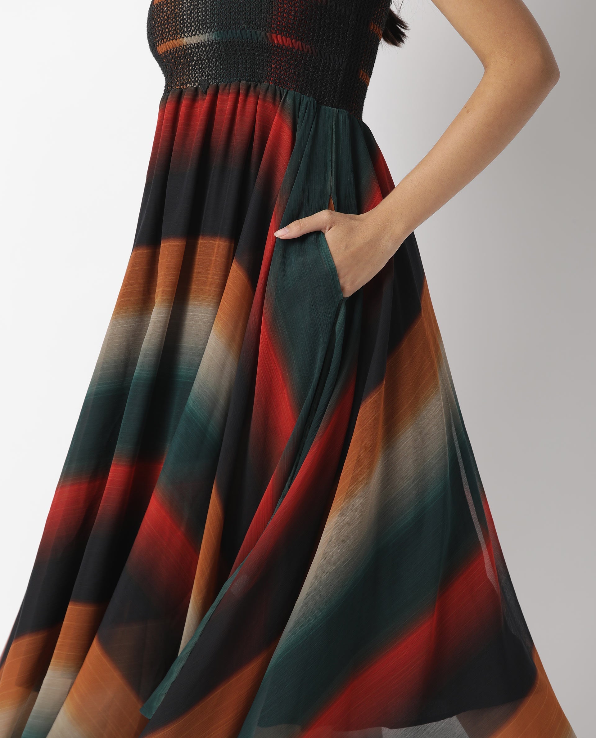Rareism Women's Talcom Multi Viscose Tube Neck Abstract Print Sleeveless Knee Length Regular Fit Dress