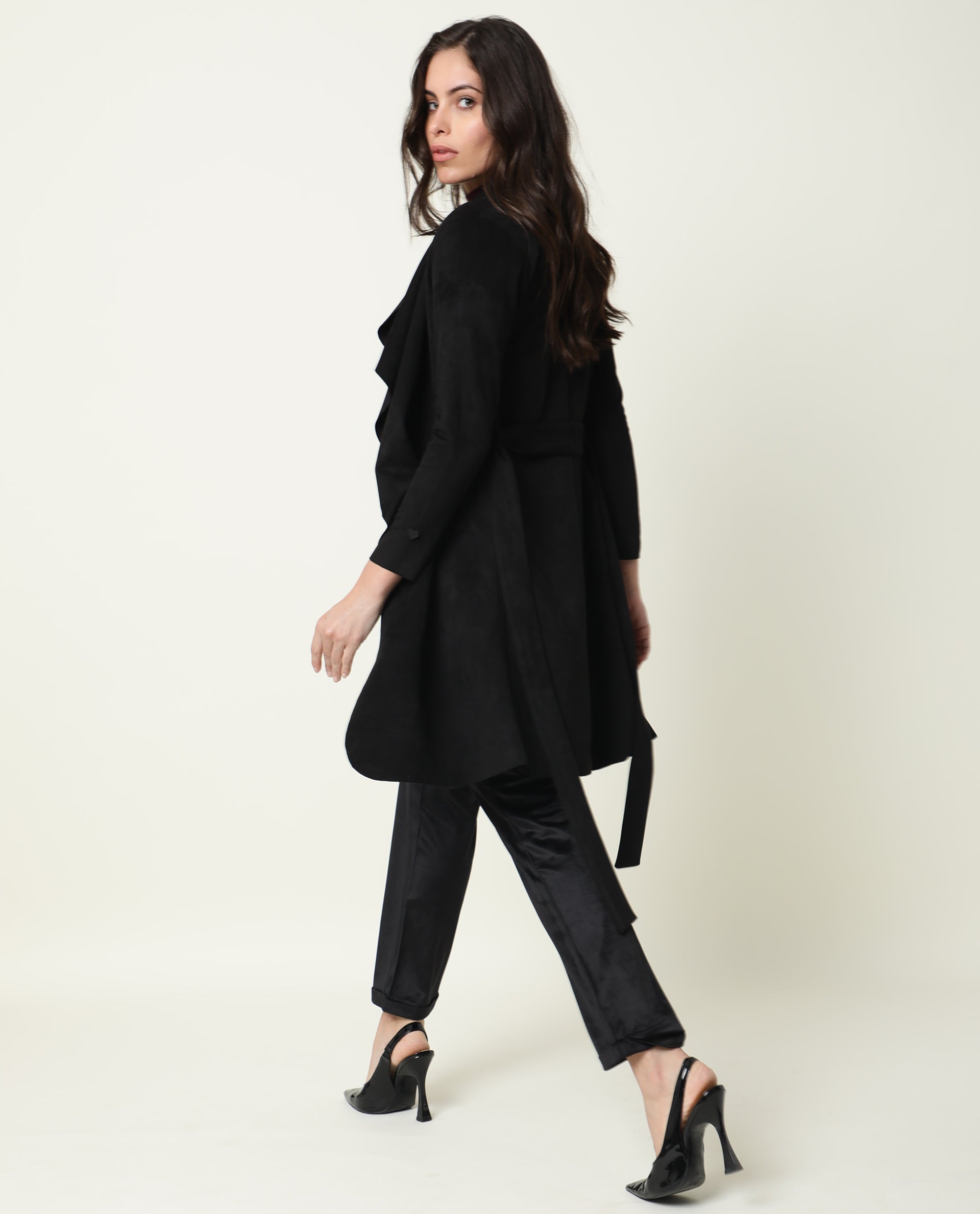 Rareism Women Palmer Black Polyester Fabric Full Sleeves Solid Collarless Jacket